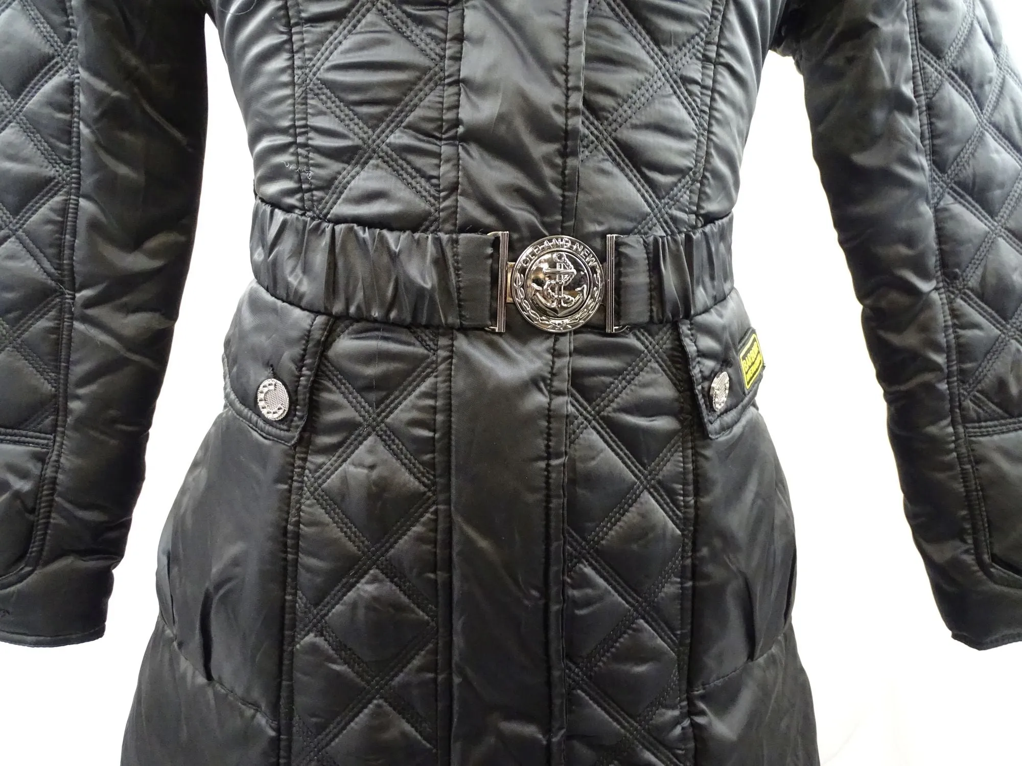 New Barbour International Female Quilted Black Coat With Hood And Belt ODDC01