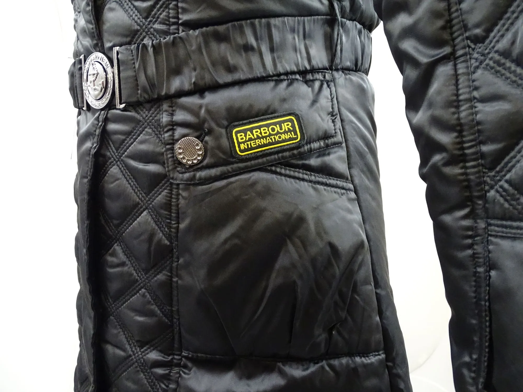 New Barbour International Female Quilted Black Coat With Hood And Belt ODDC01