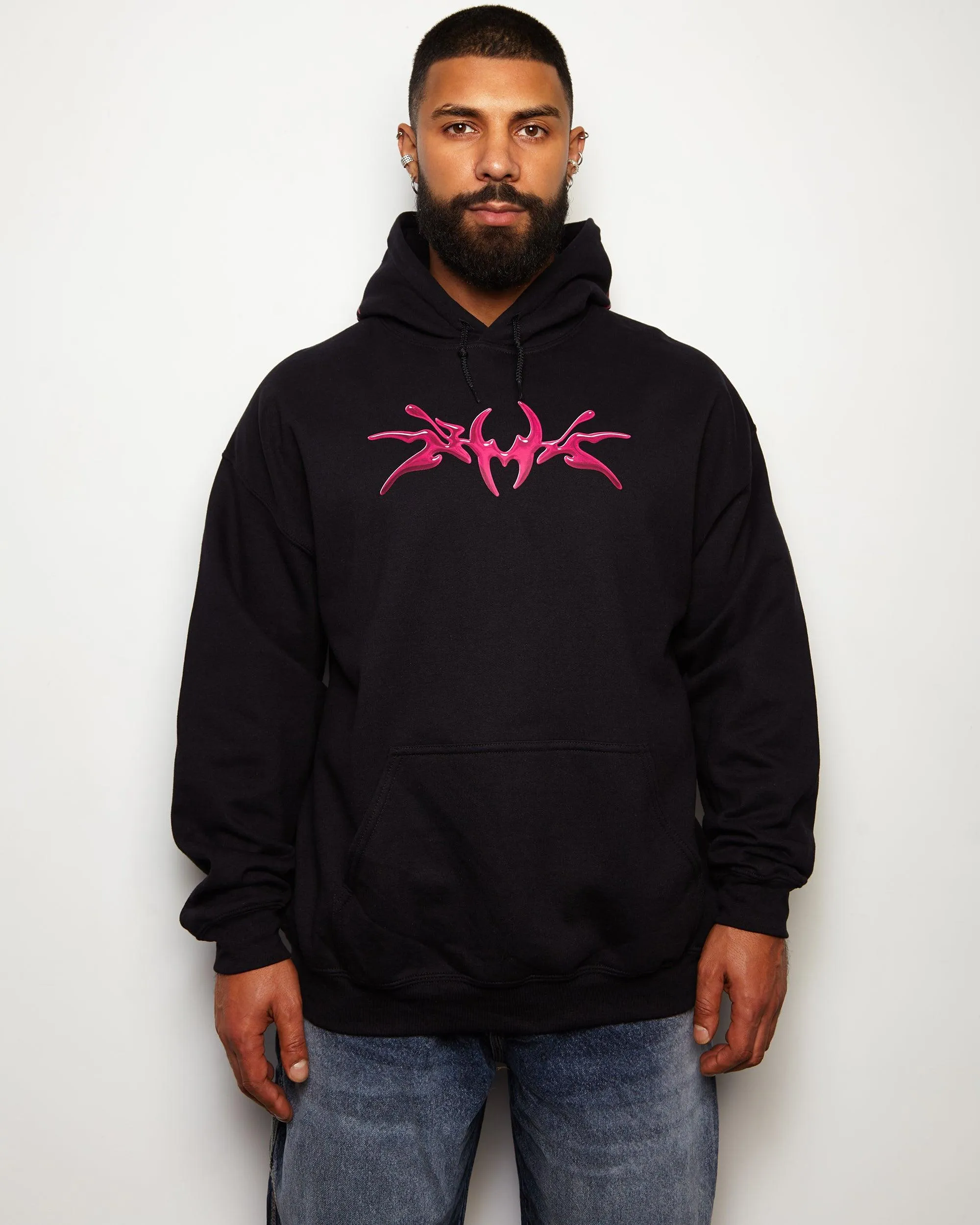 NXS011: Metallic pink style print on black oversized pullover hoodie.