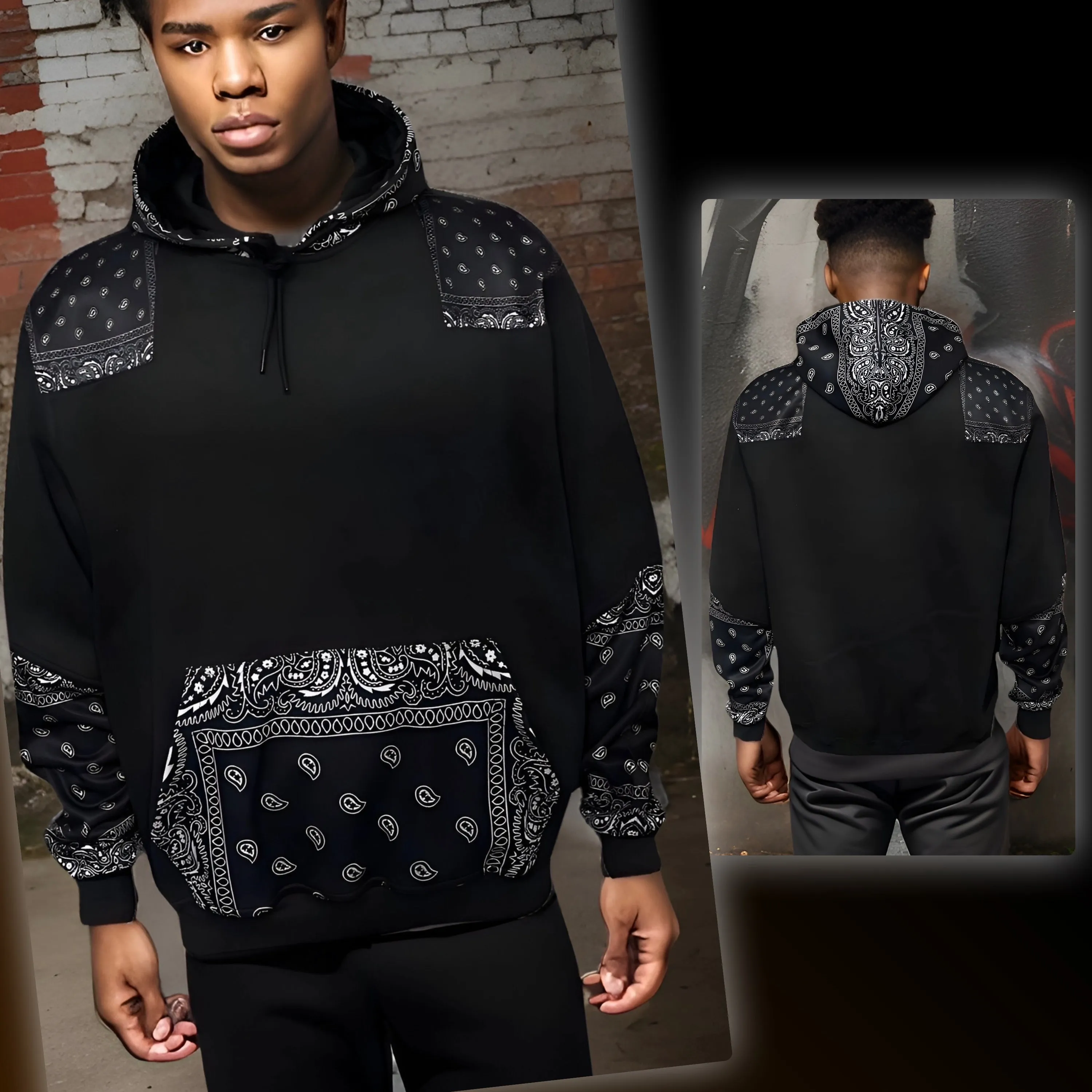 ^OUTFIT KINGS^ LUXURY BLACK BANDANA PULLOVER HOODIES (CUT & SEW COLLECTION)