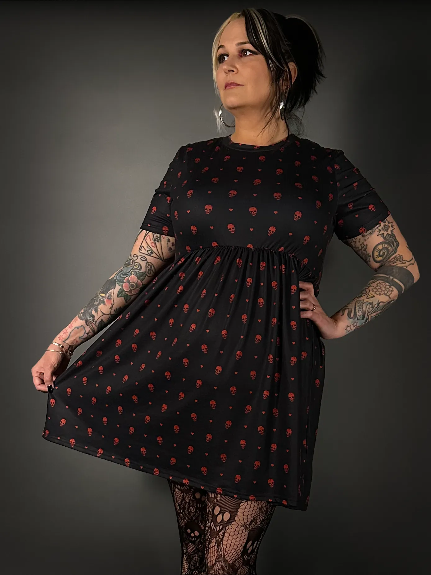 Outfit Set - Tommyrot "Hearts & Skulls" Skater Dress & Rose & Skull Tights by Pamela Mann