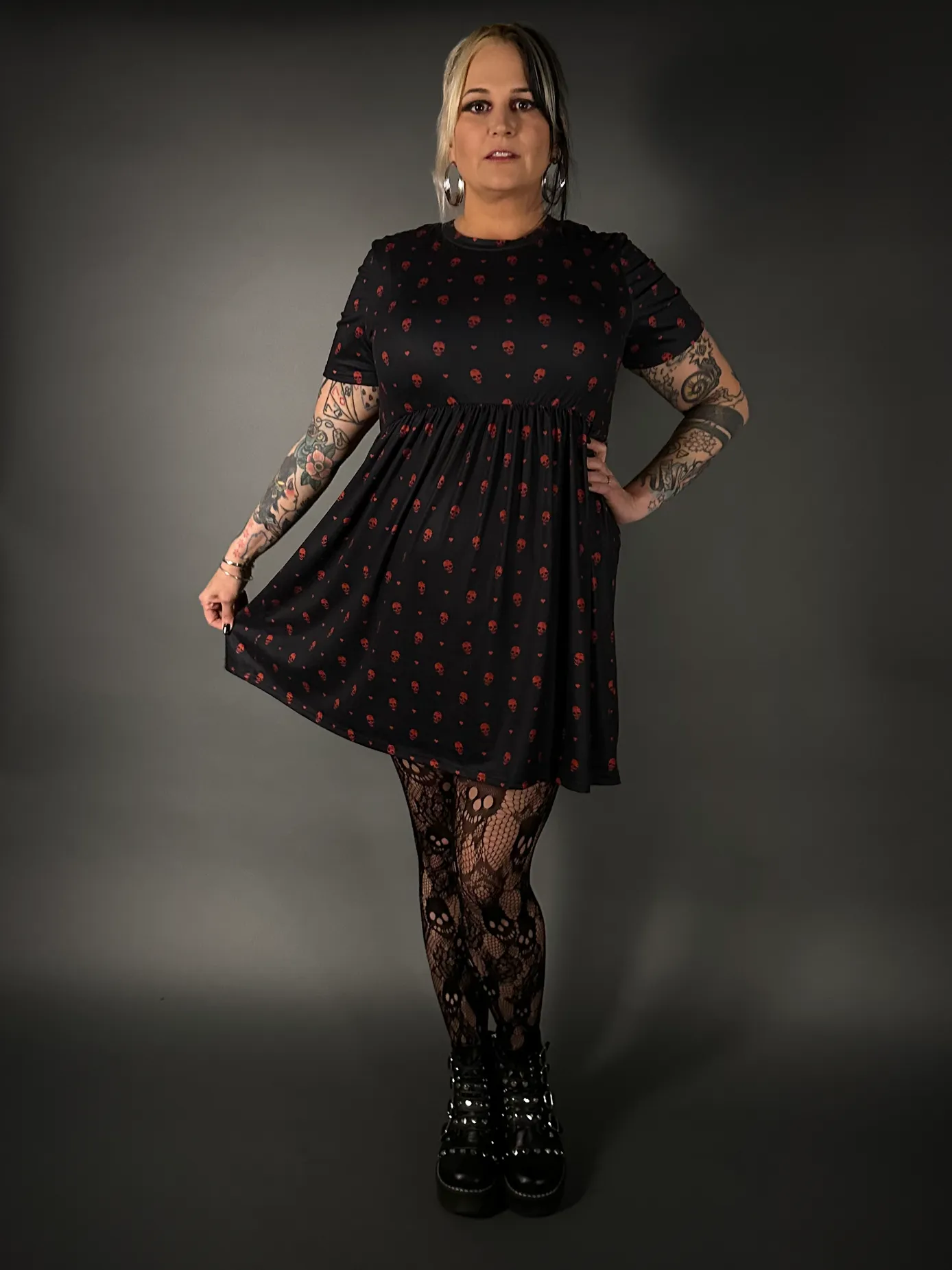 Outfit Set - Tommyrot "Hearts & Skulls" Skater Dress & Rose & Skull Tights by Pamela Mann