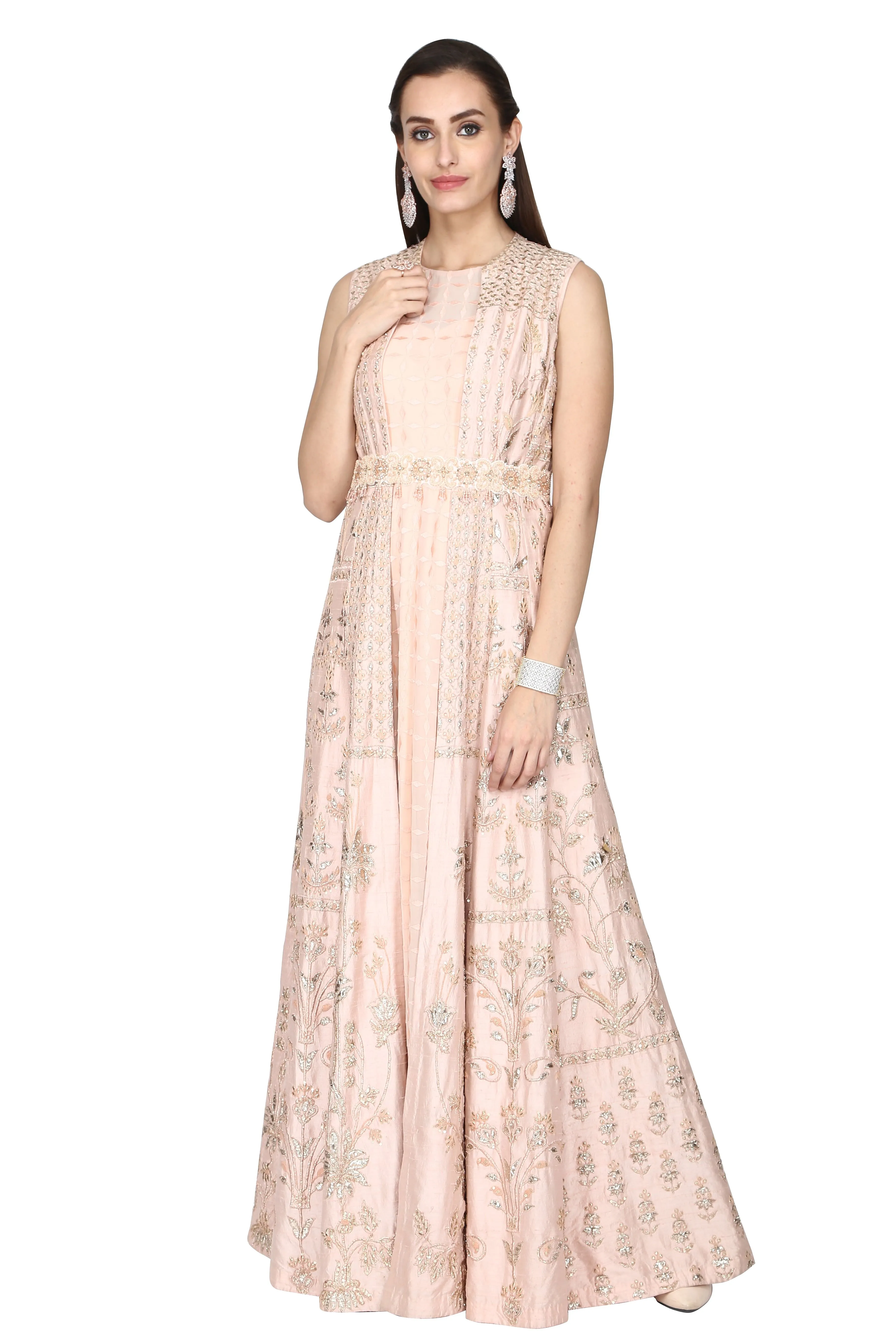 Peach pink anarkali with overcoat set.