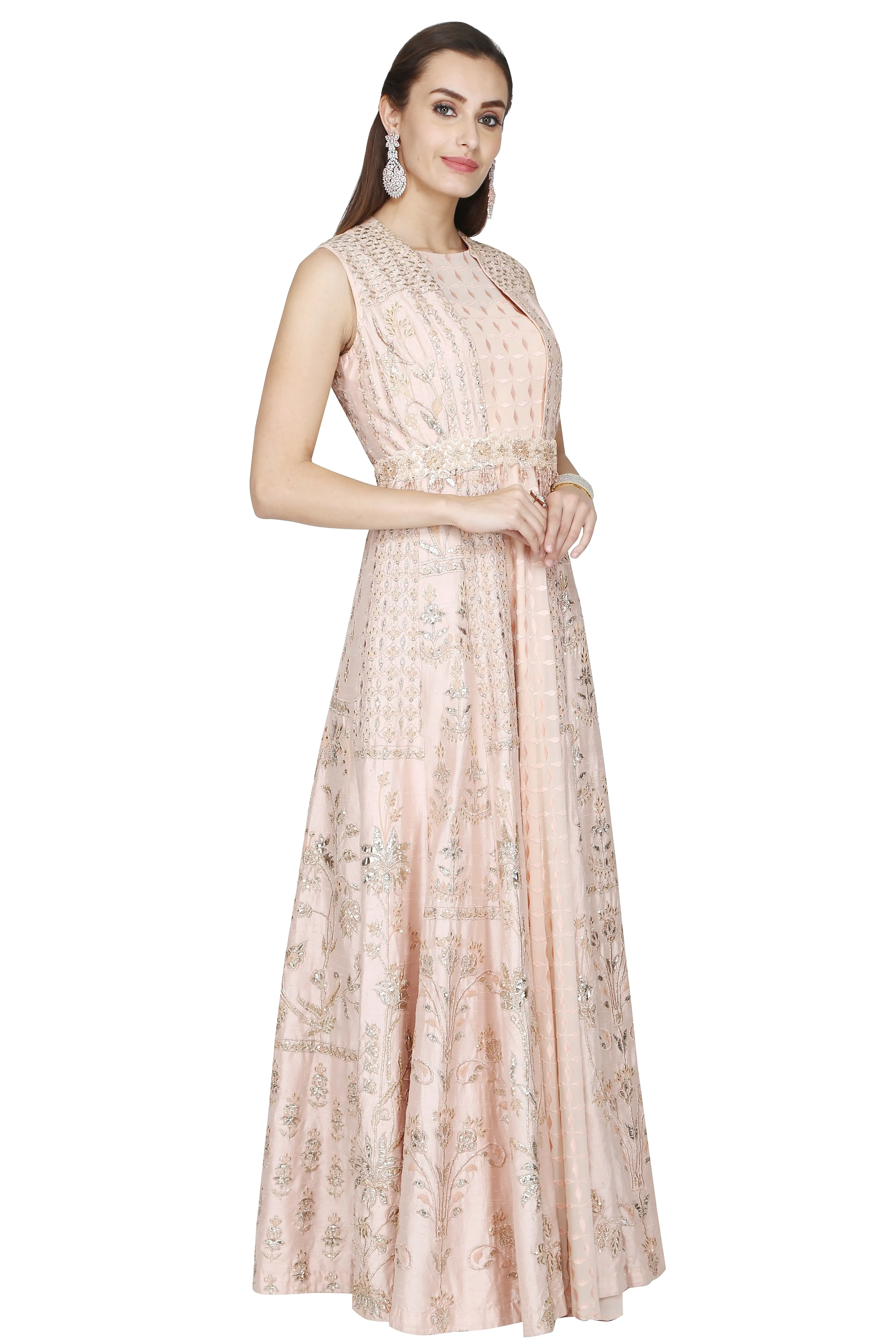 Peach pink anarkali with overcoat set.