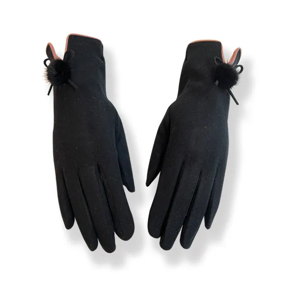 Plain Black Gloves With Pom Pom (GL22)