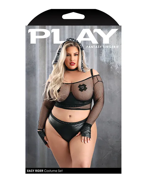 Play Easy Rider Open Cup Bra, Fishnet Top, Panty, Choker, Gloves, Bandana & Pasties Black 3X/4X