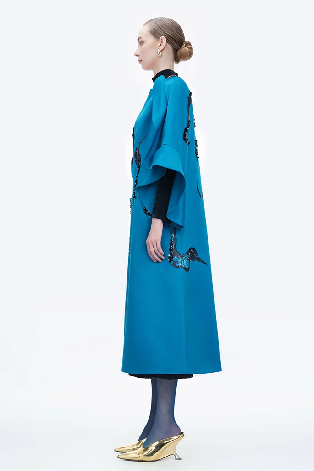 Poppy Of The Moon Coat Trapezoid Ruffle Trim Twill Calf Length Coat