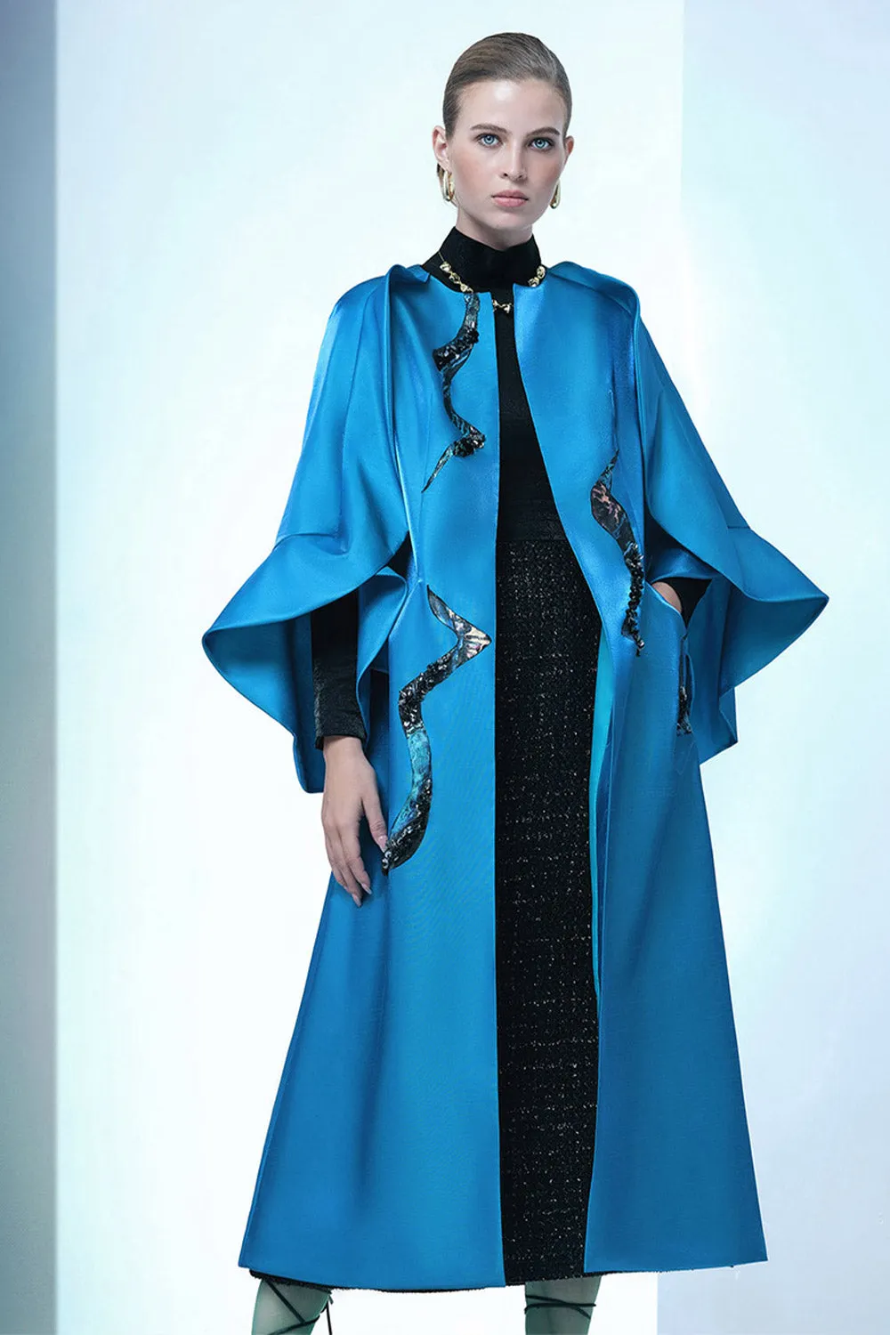 Poppy Of The Moon Coat Trapezoid Ruffle Trim Twill Calf Length Coat