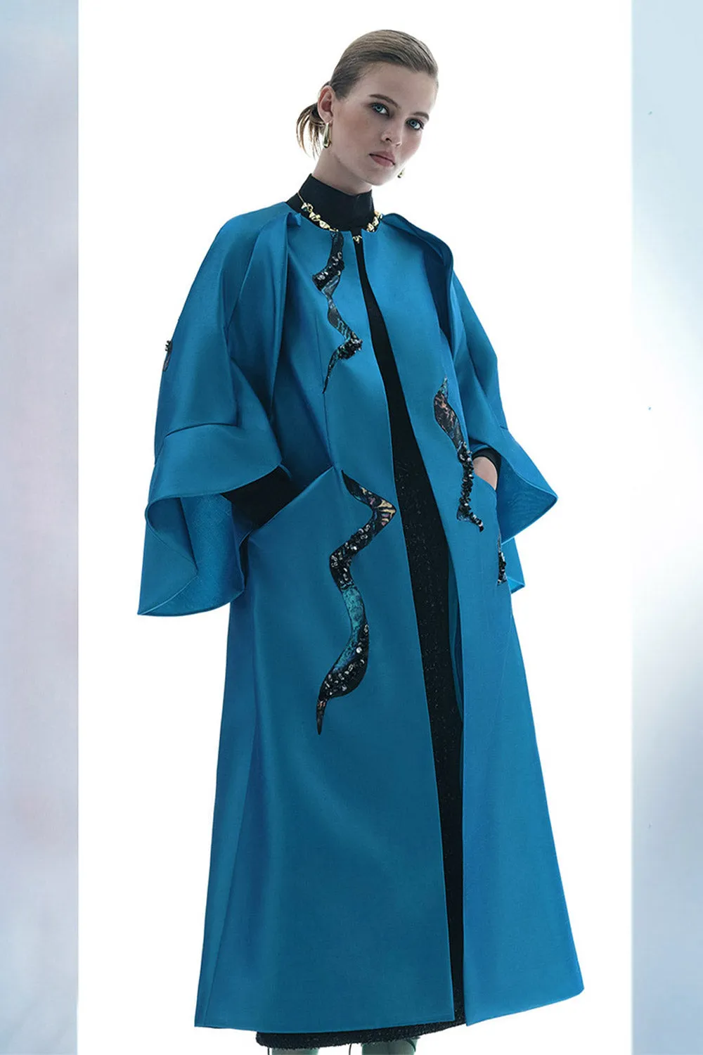 Poppy Of The Moon Coat Trapezoid Ruffle Trim Twill Calf Length Coat