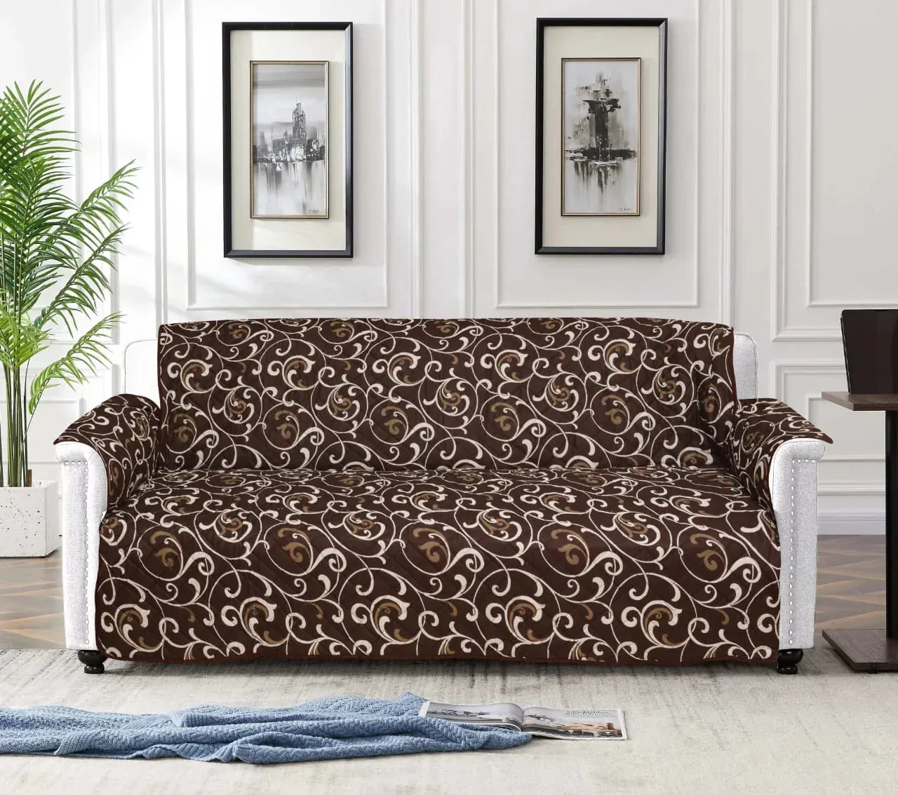 Printed Quilted Sofa Cover - Sofa Coat/Sofa Runner -  (BROWN)