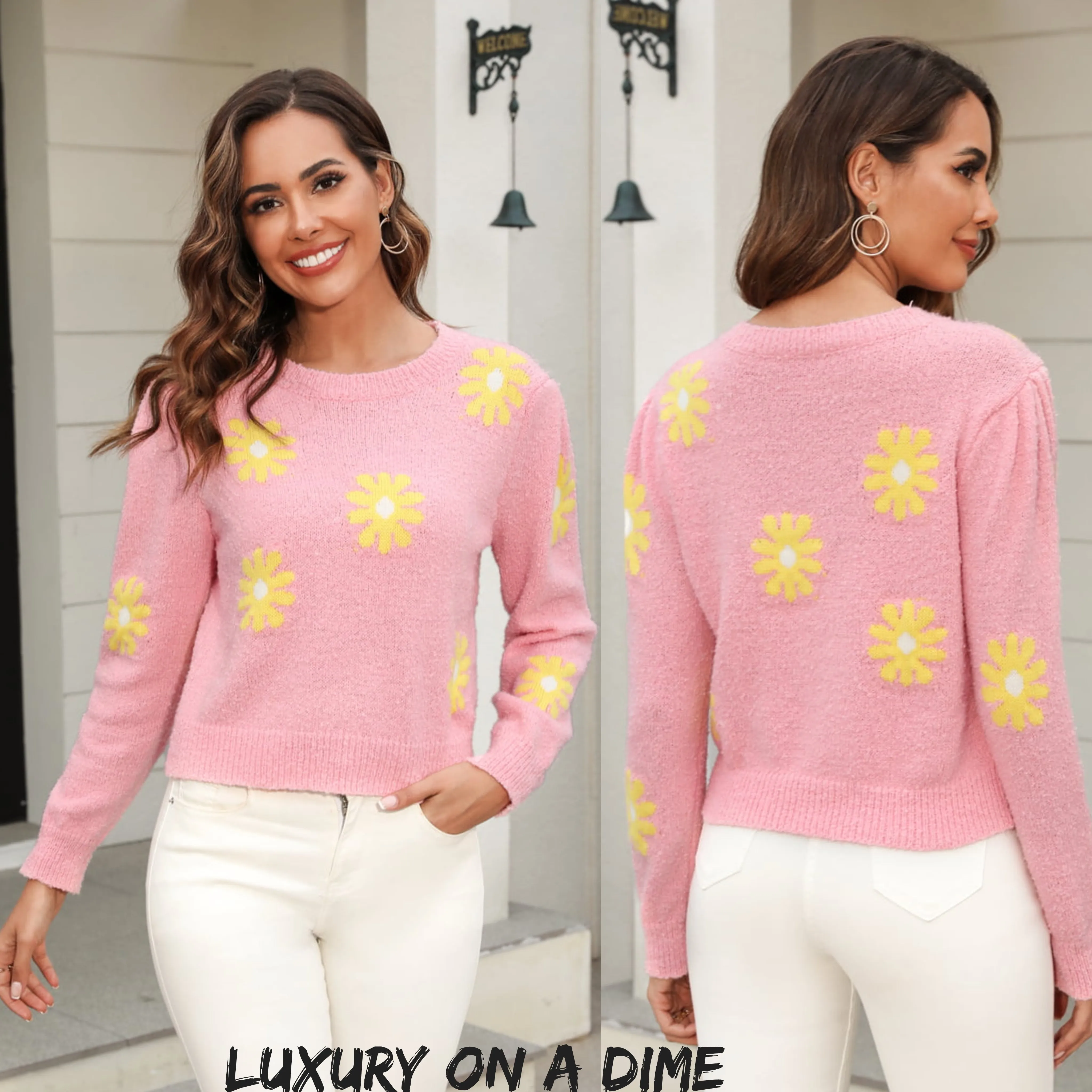 Retro Daisy Soft Knit Flower Long Sleeve Pullover Sweater Shirt