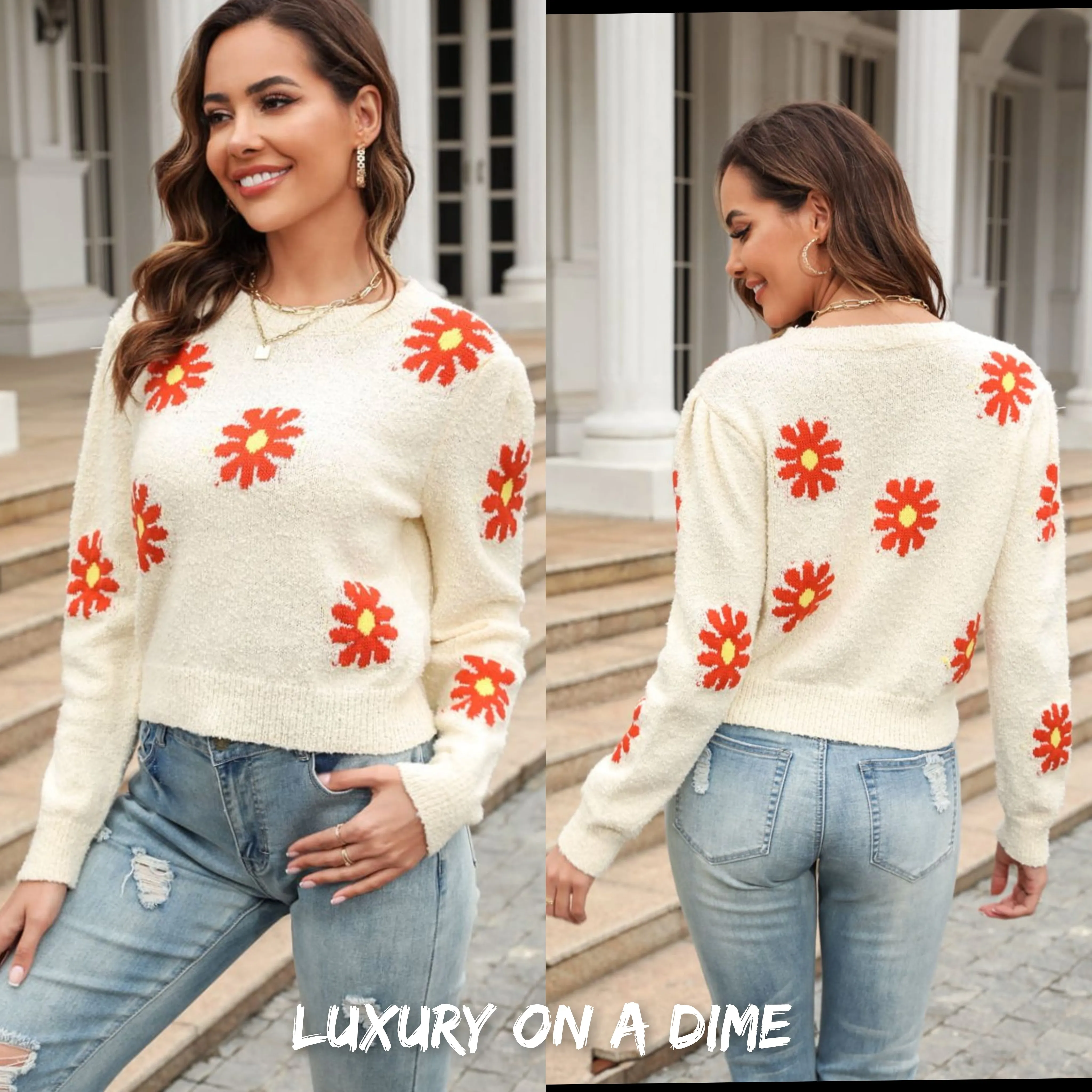 Retro Daisy Soft Knit Flower Long Sleeve Pullover Sweater Shirt