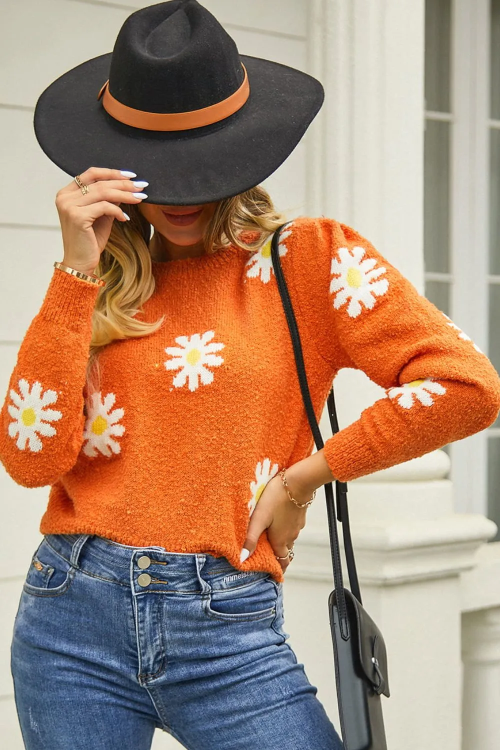 Retro Daisy Soft Knit Flower Long Sleeve Pullover Sweater Shirt