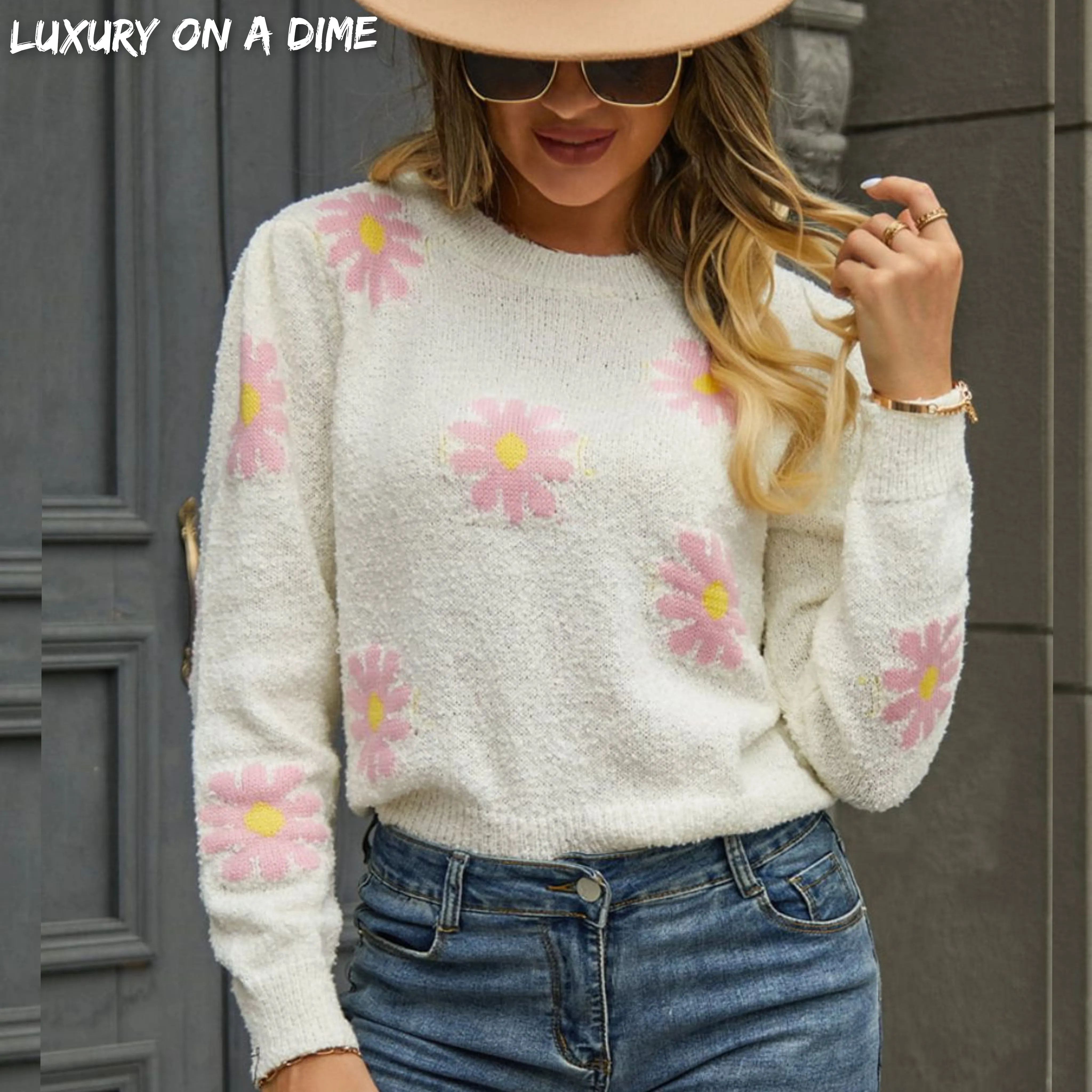 Retro Daisy Soft Knit Flower Long Sleeve Pullover Sweater Shirt