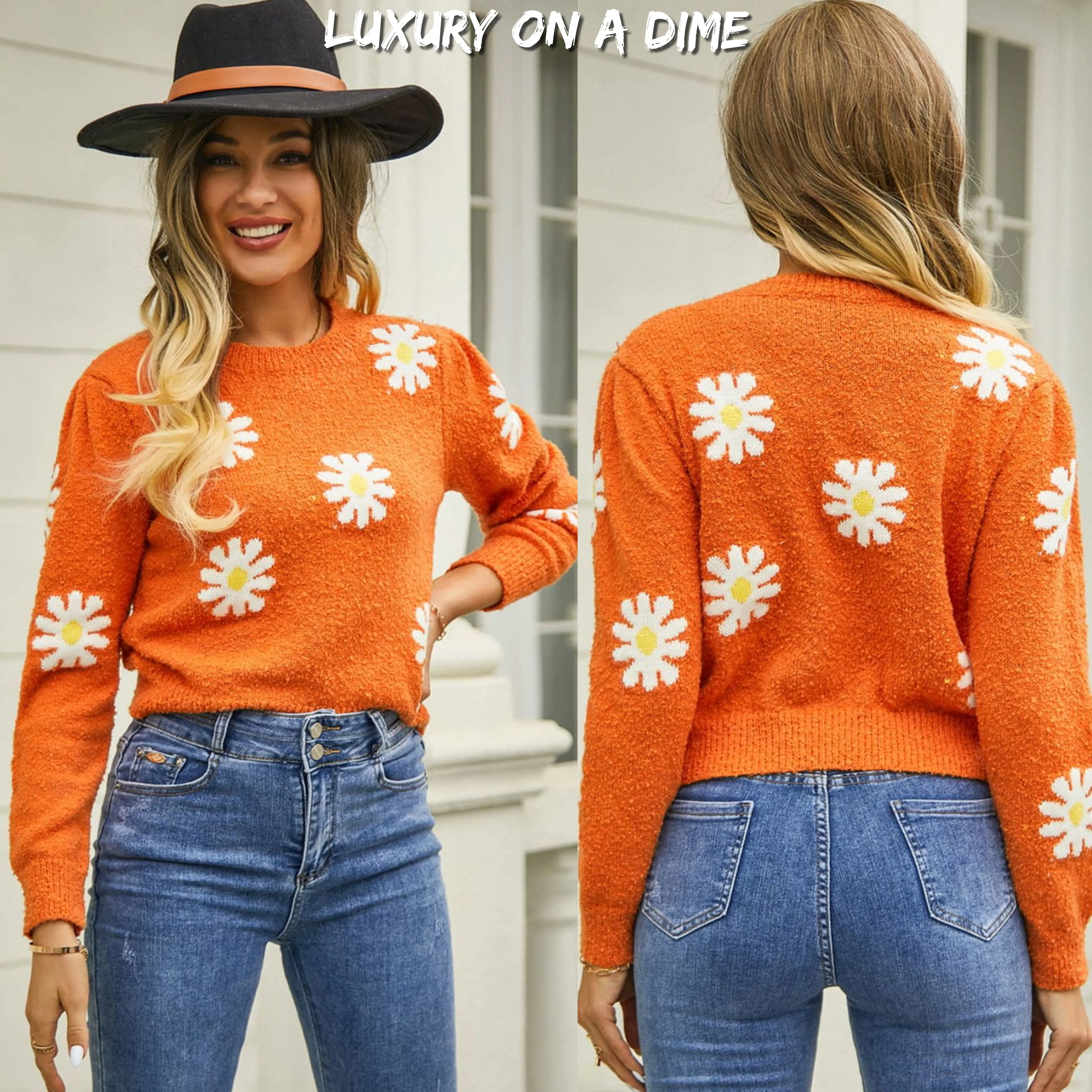 Retro Daisy Soft Knit Flower Long Sleeve Pullover Sweater Shirt