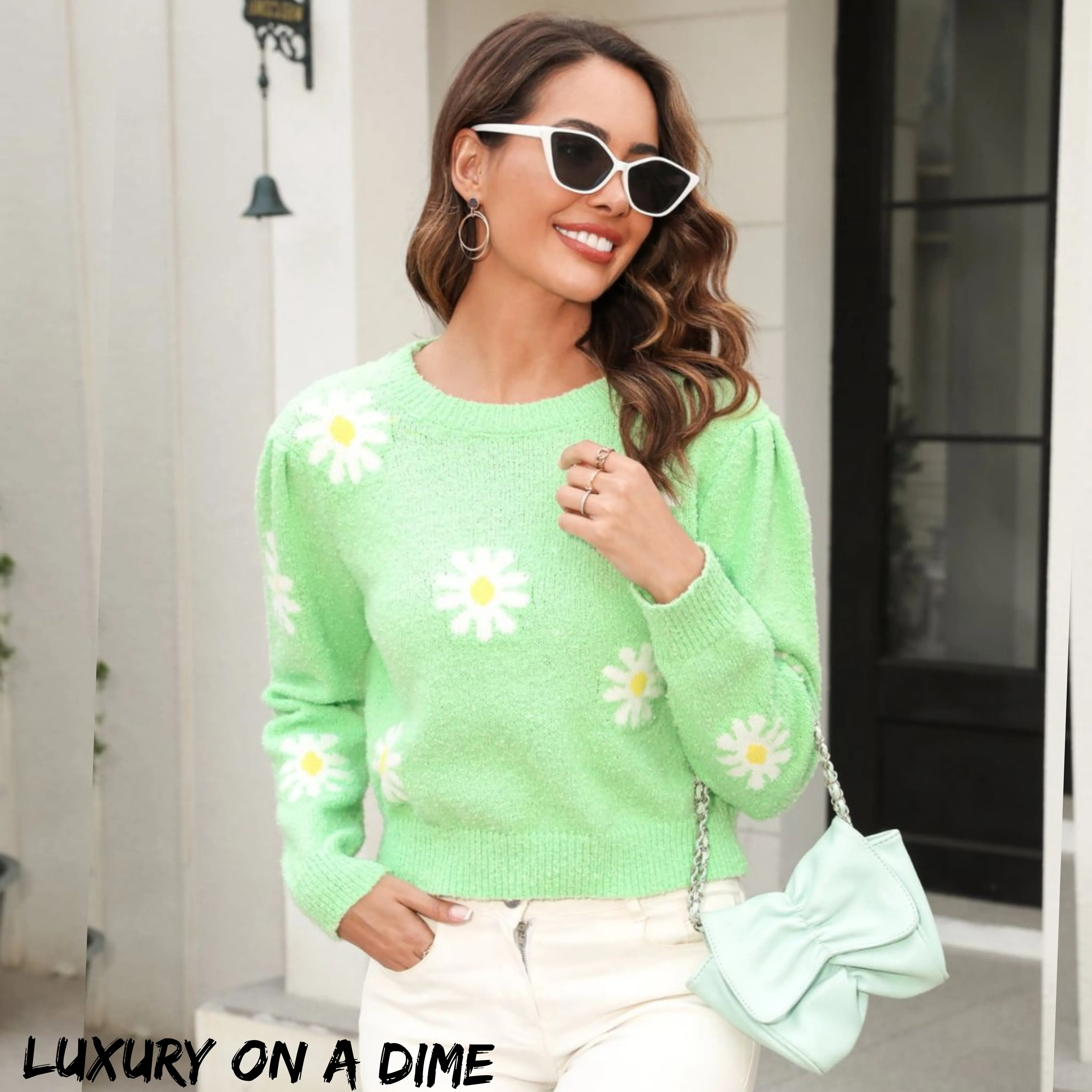 Retro Daisy Soft Knit Flower Long Sleeve Pullover Sweater Shirt