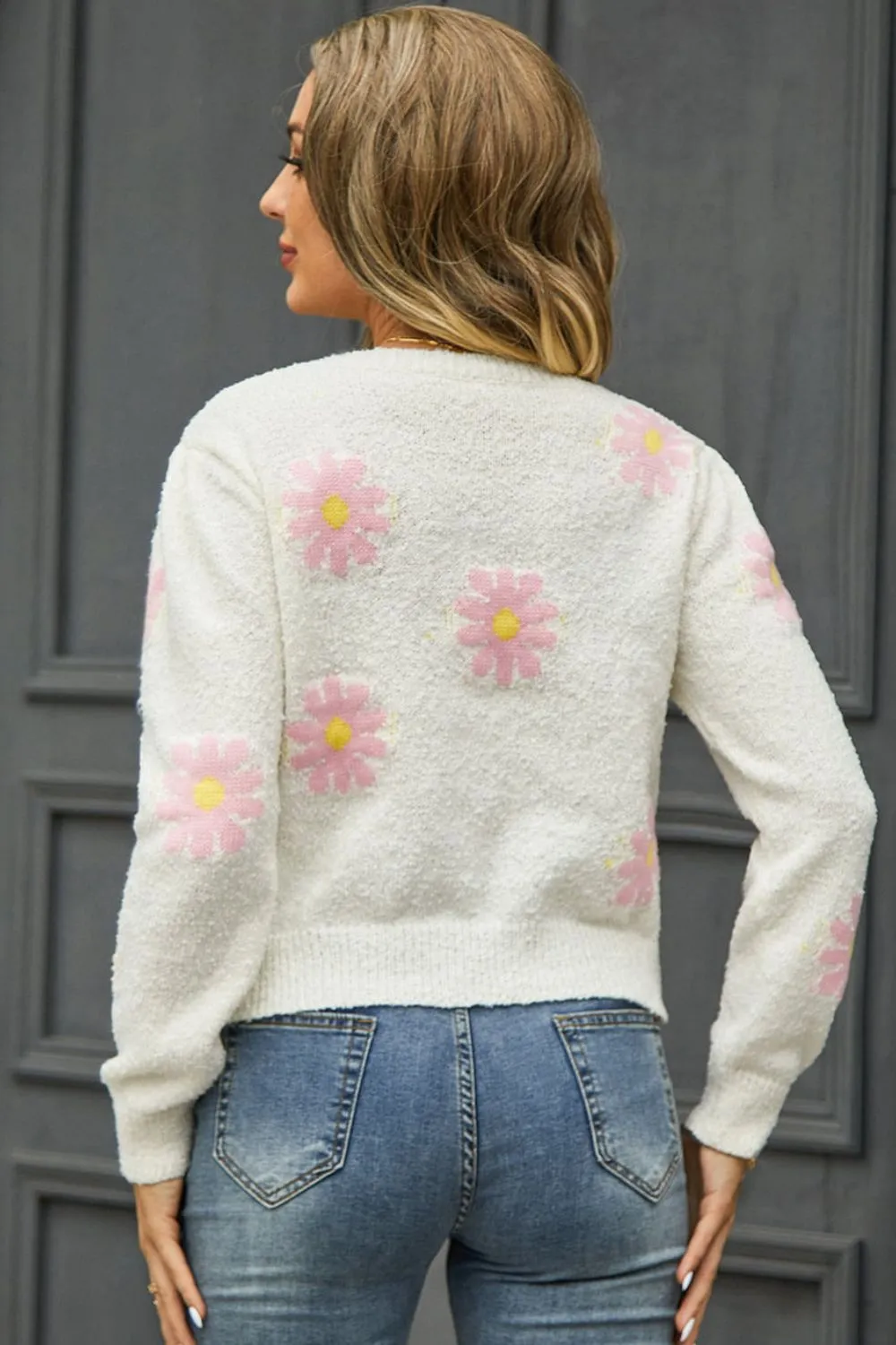 Retro Daisy Soft Knit Flower Long Sleeve Pullover Sweater Shirt