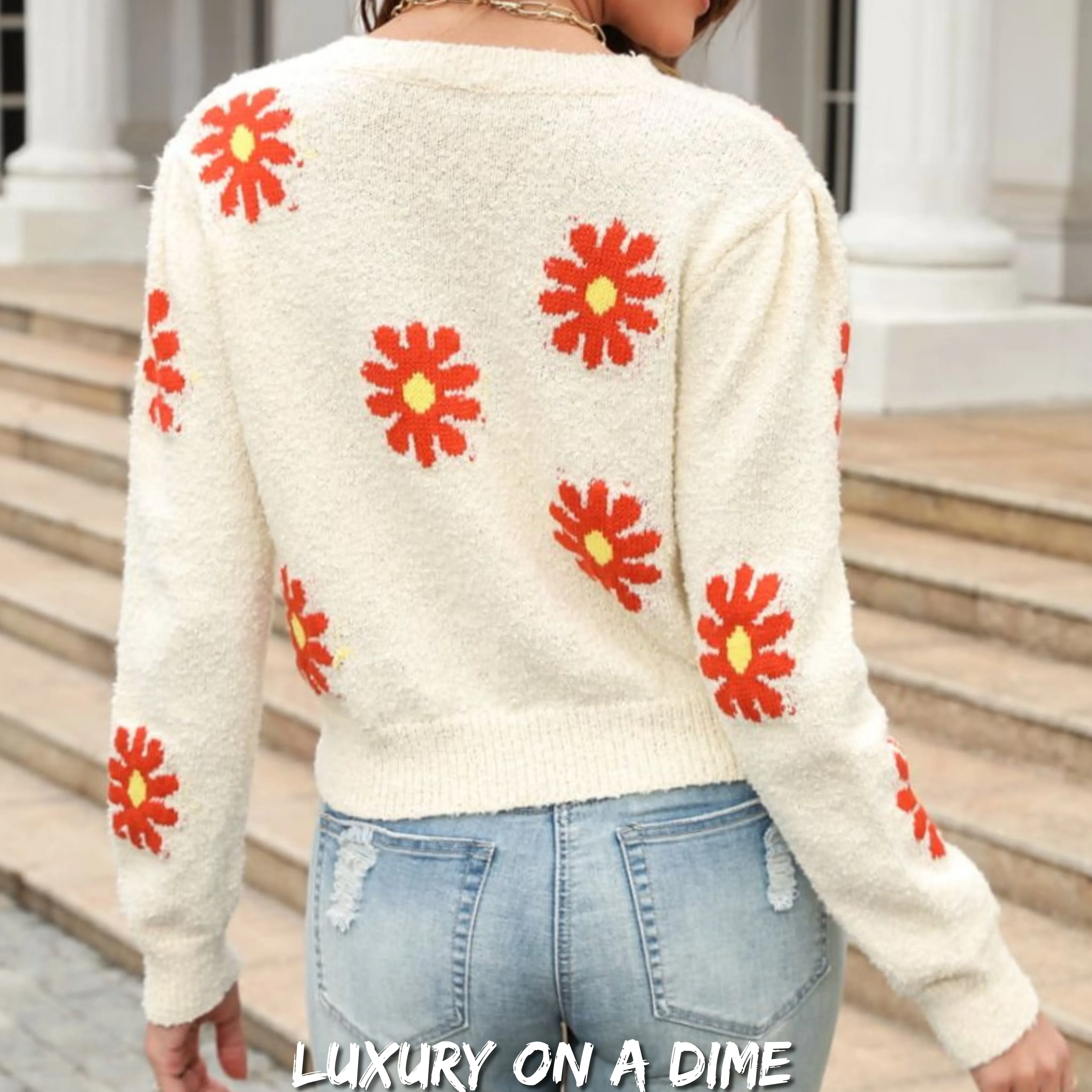 Retro Daisy Soft Knit Flower Long Sleeve Pullover Sweater Shirt