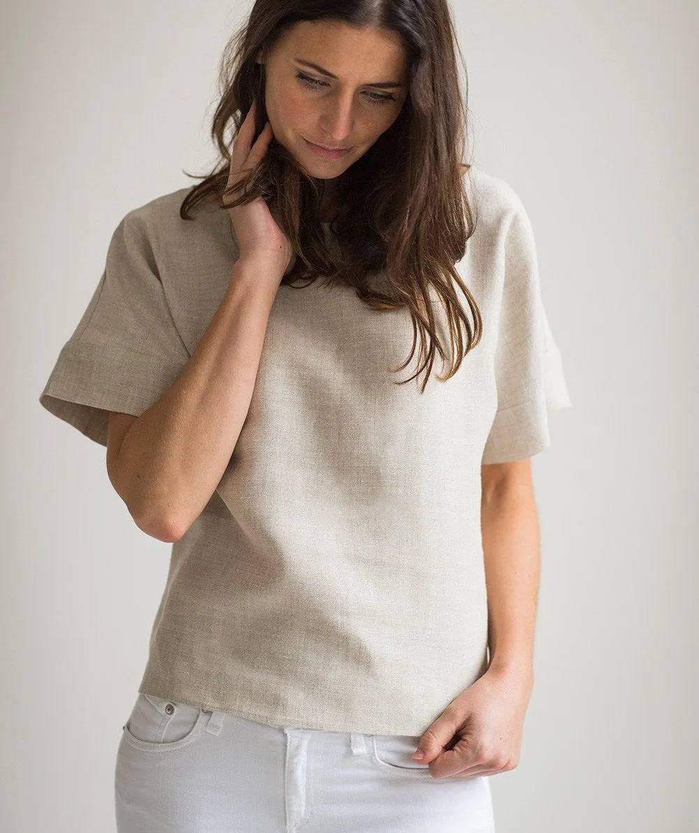 SAMPLE SALE<br>Oatmeal Linen Short Sleeve Top