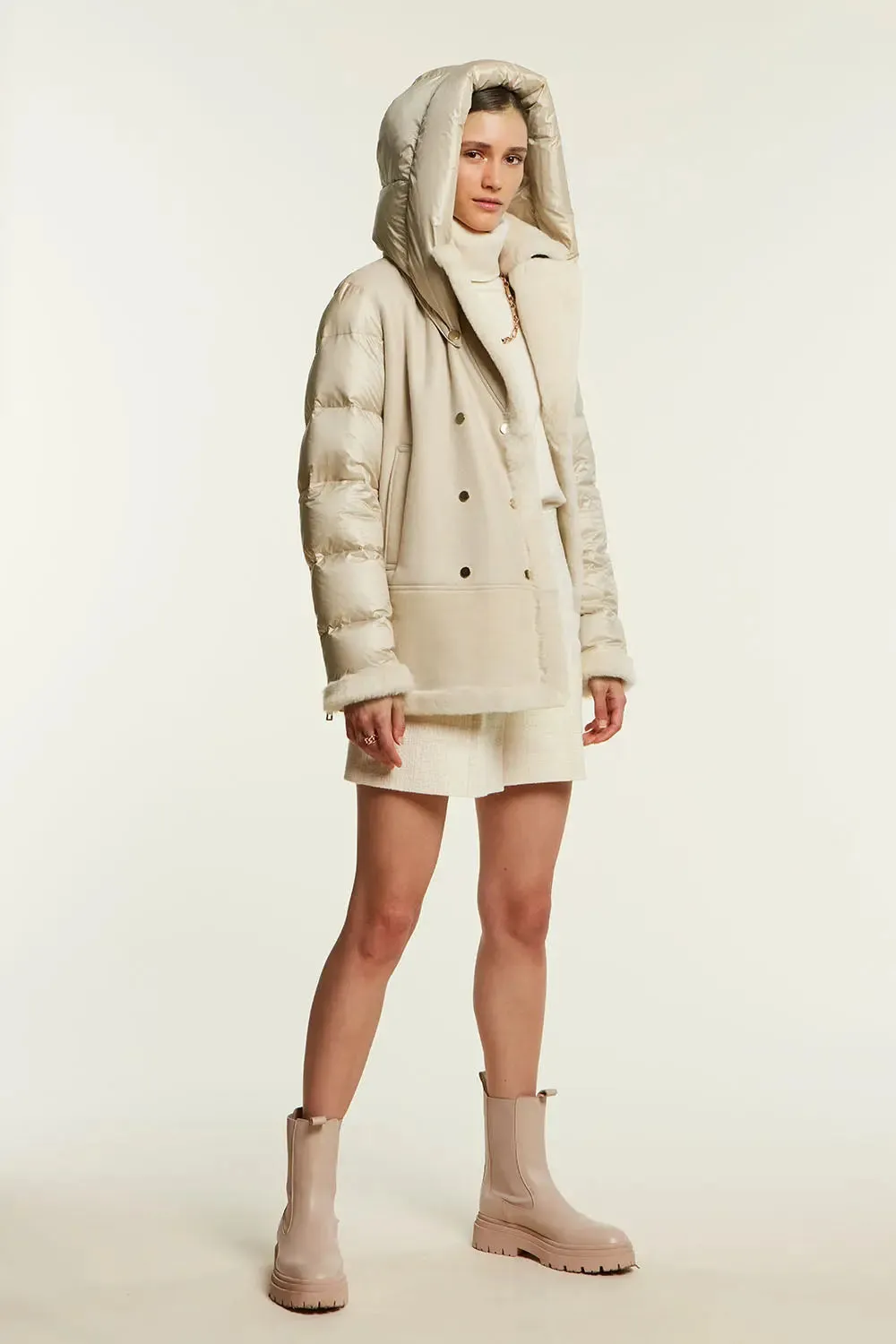 Shearling jacket with down inserts