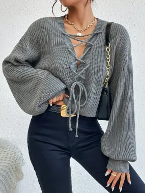 SHEIN Privé Lace Up Front Drop Shoulder Sweater