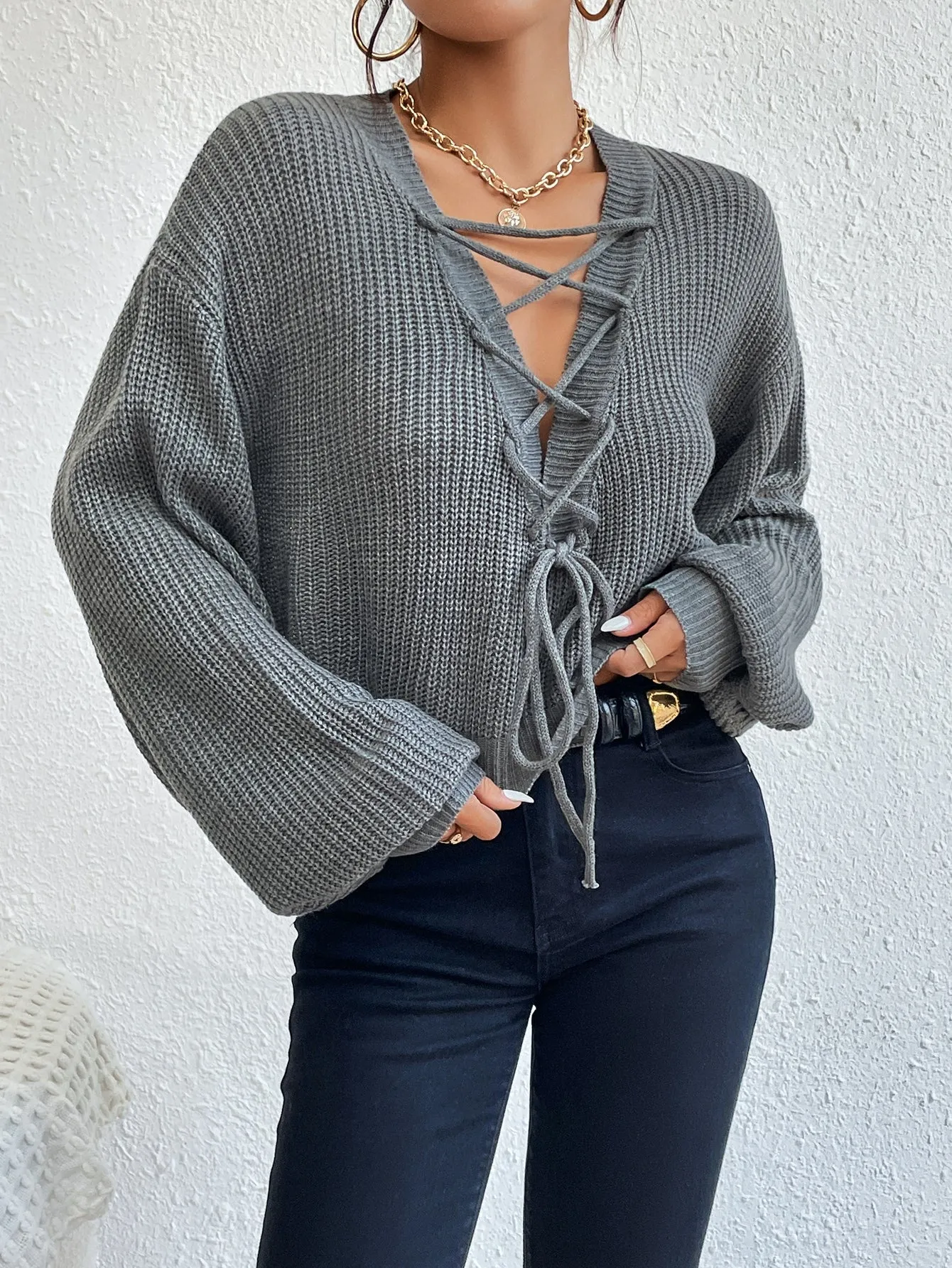 SHEIN Privé Lace Up Front Drop Shoulder Sweater