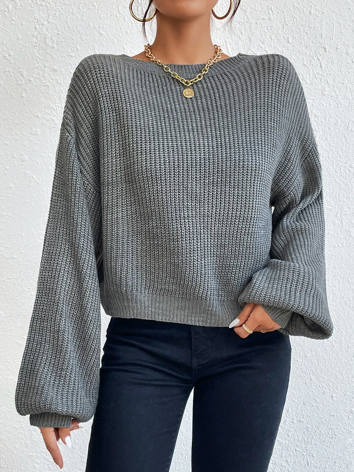 SHEIN Privé Lace Up Front Drop Shoulder Sweater