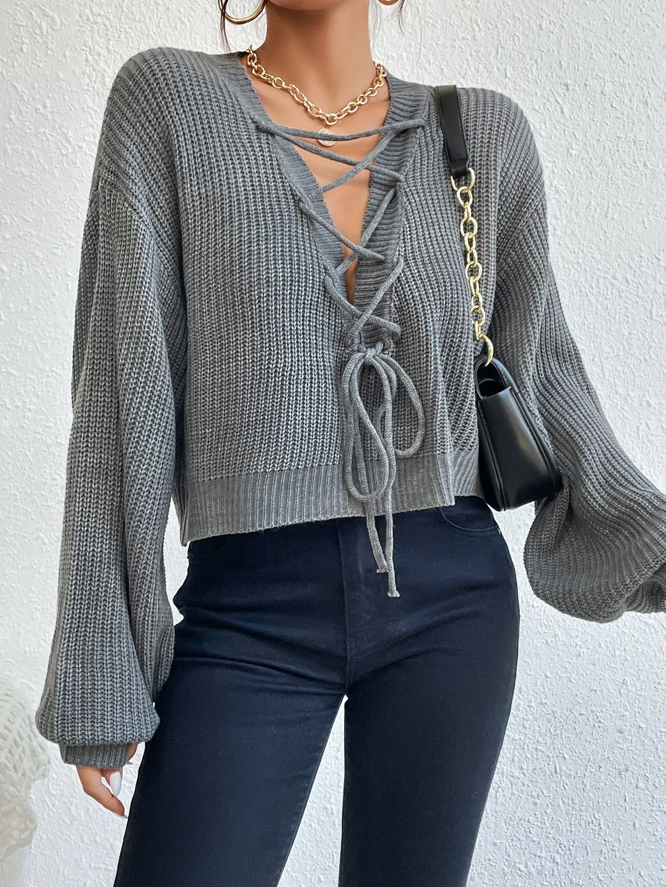 SHEIN Privé Lace Up Front Drop Shoulder Sweater