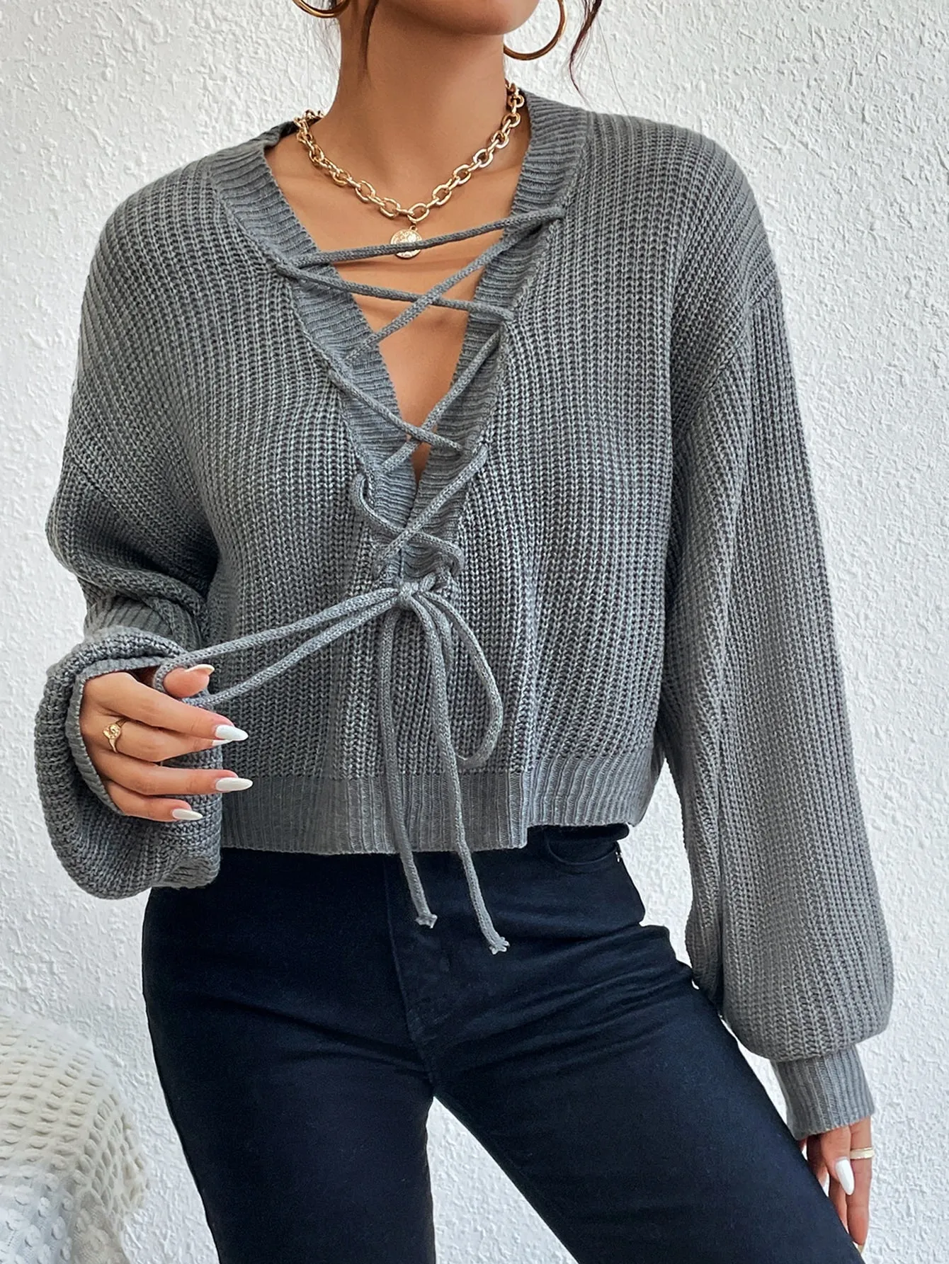 SHEIN Privé Lace Up Front Drop Shoulder Sweater