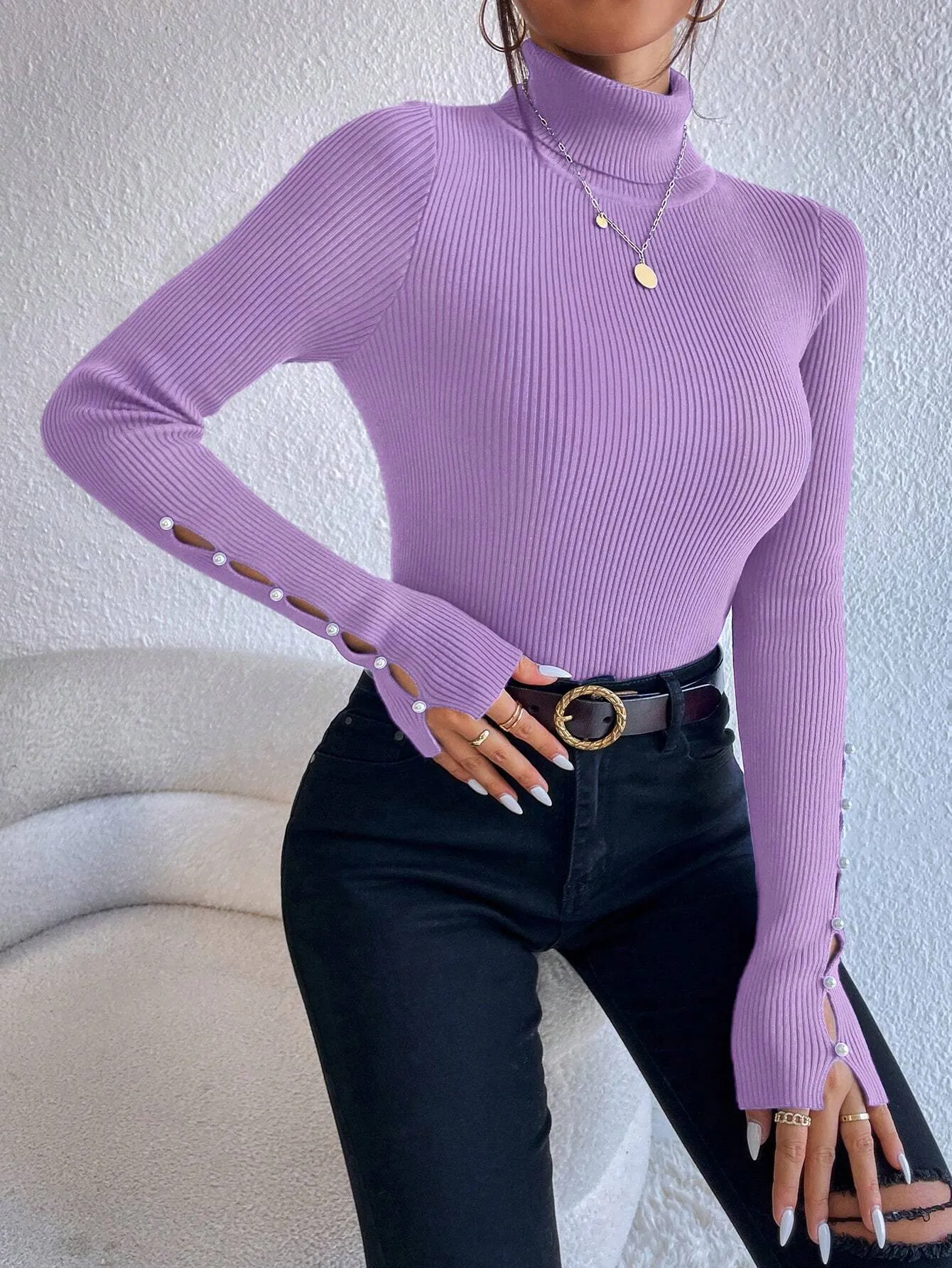 SHEIN Privé Women's Solid Color Minimalist Turtleneck Pullover Sweater