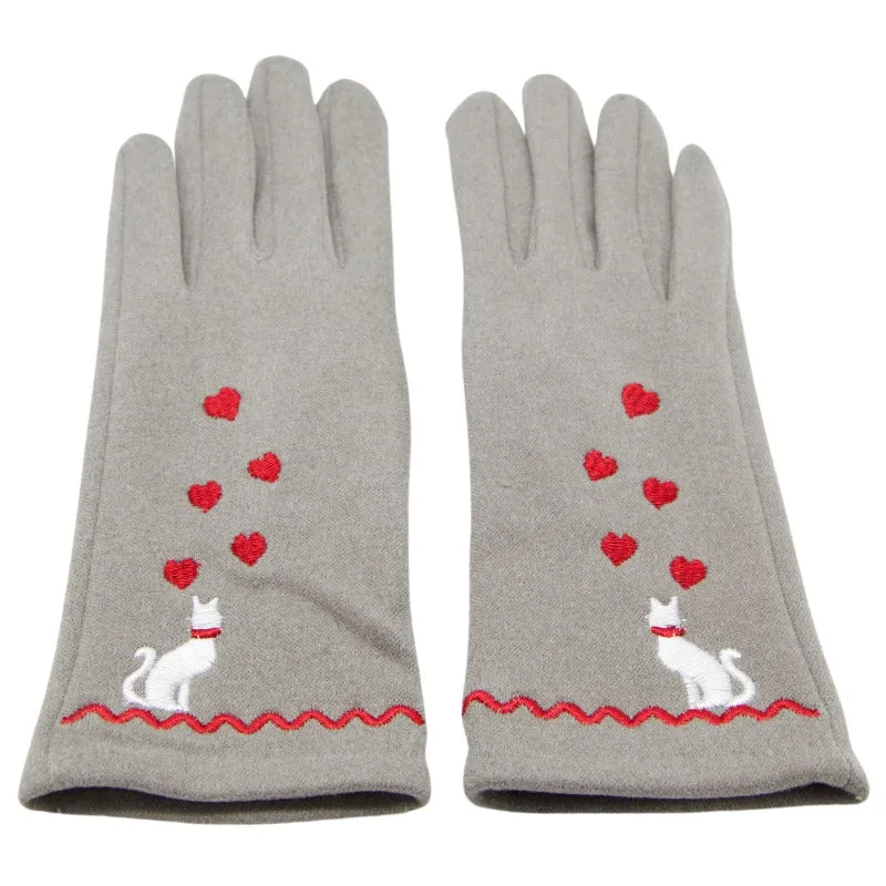 Soft Feel Cat Design Grey Ladies Embroidered Gloves