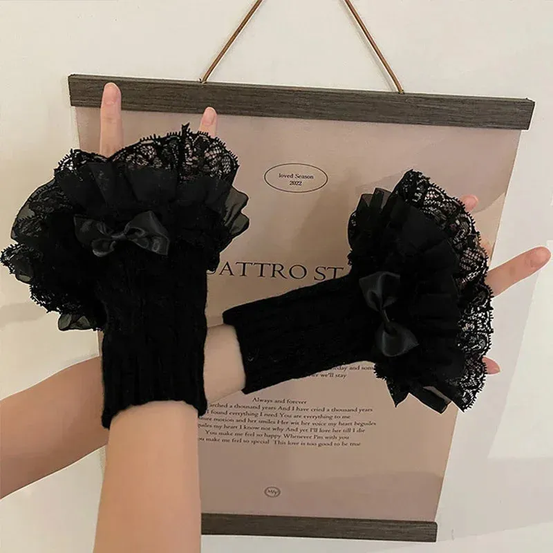 Sohiwoo Japanese Knitted Lolita Lace Bowknot Leg Covers Y2K Leg Warmers Fingerless Gothic Gloves False Sleeve Women JK Accessories