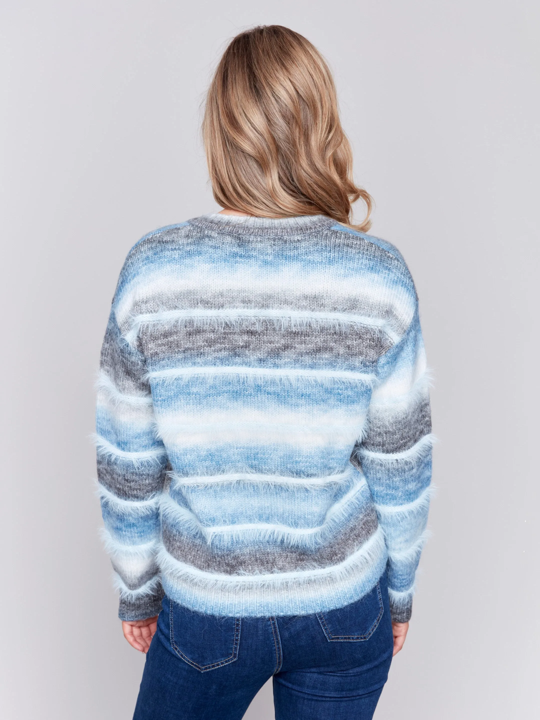 Space Dye Sweater With Striped Eyelash Yarn - Frost