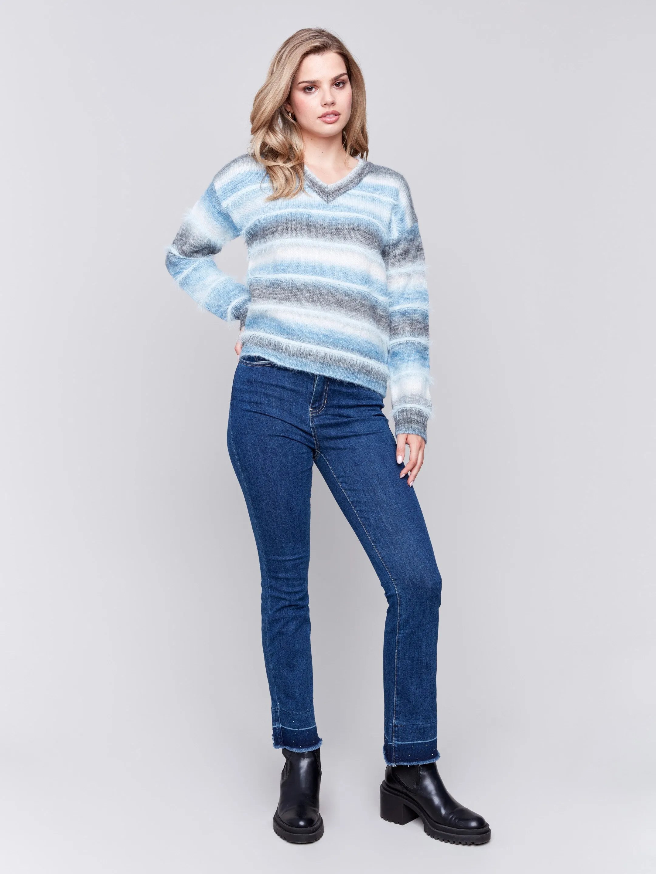 Space Dye Sweater With Striped Eyelash Yarn - Frost