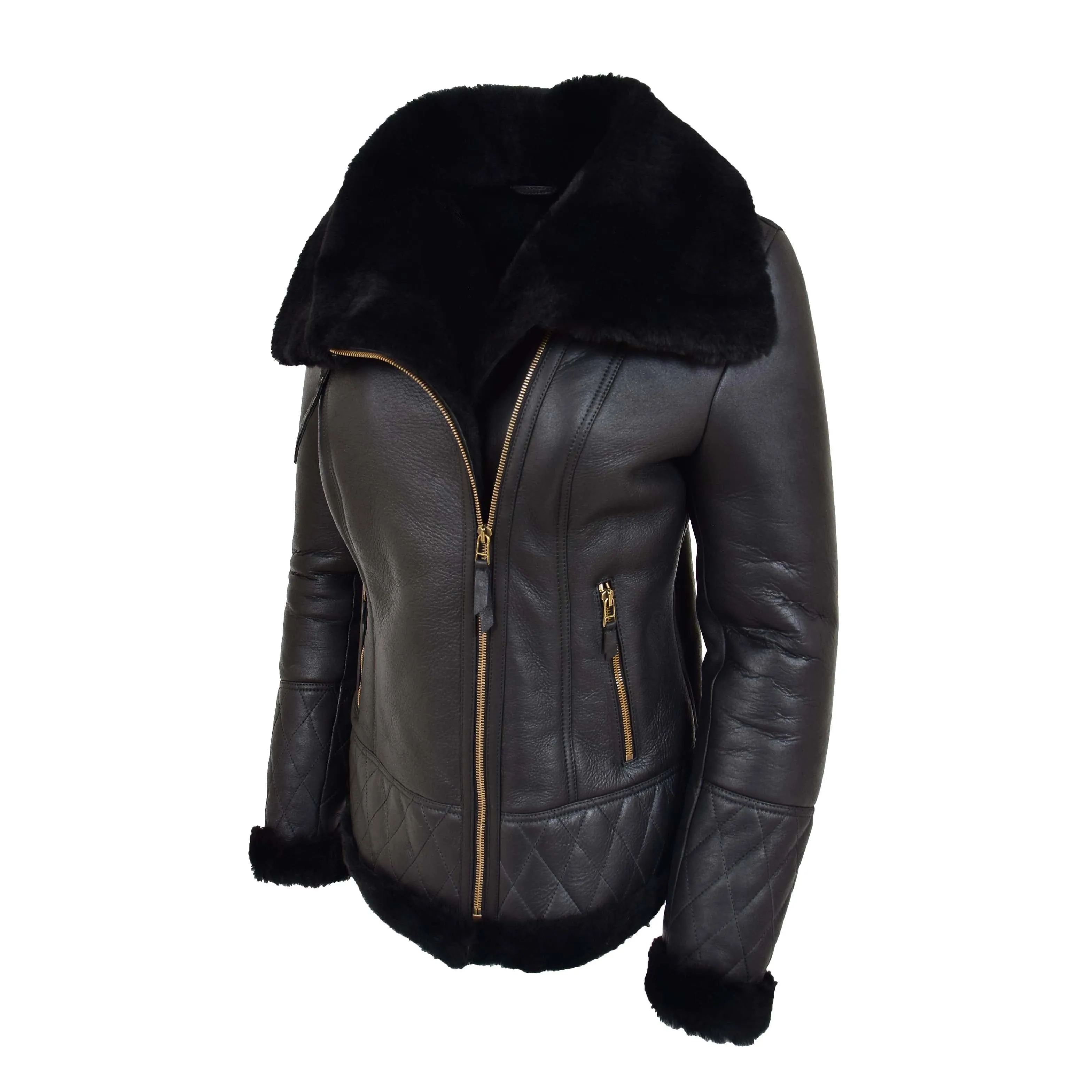 Super Luxurious Womens Real Sheepskin Jacket Aviator Coat Alexa Black