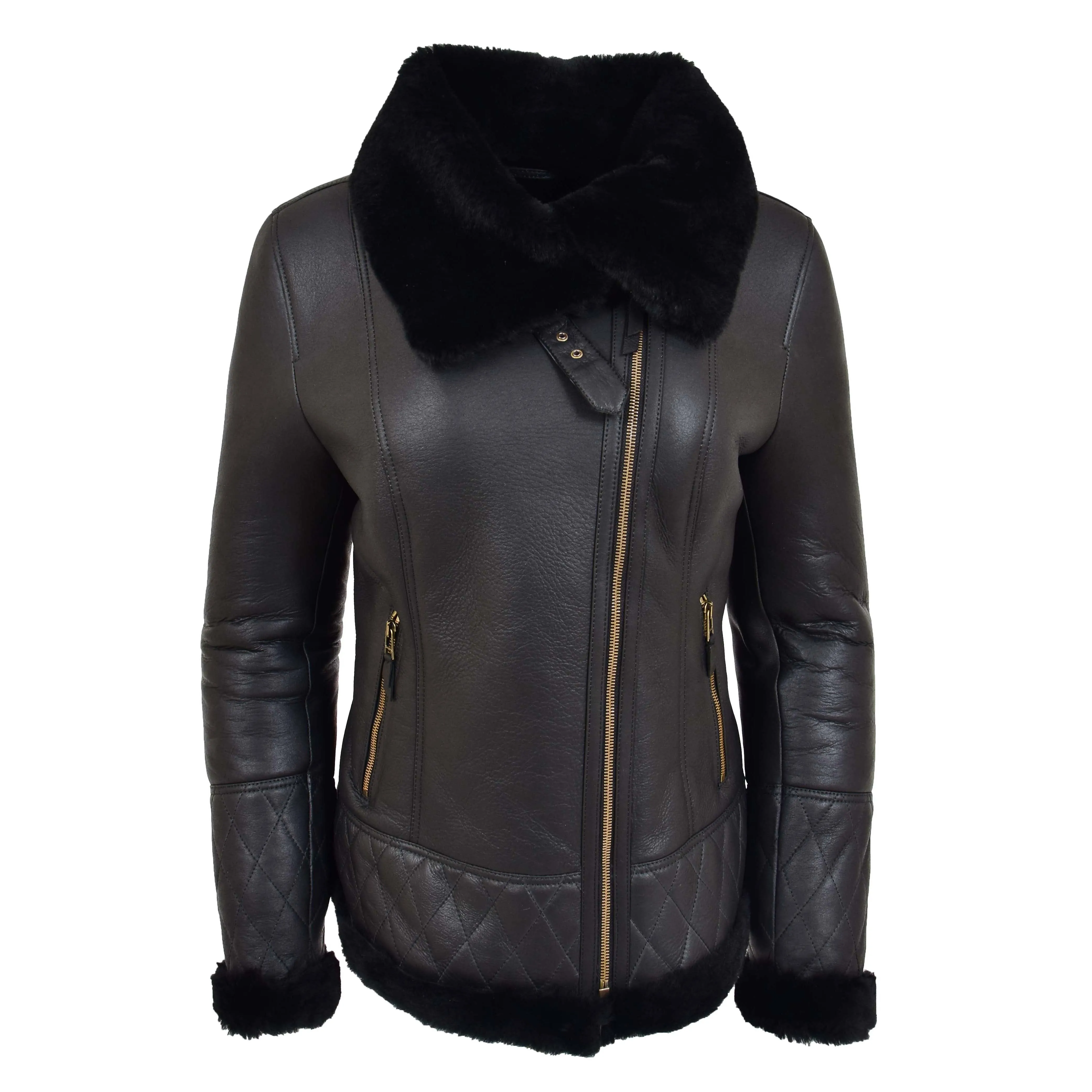 Super Luxurious Womens Real Sheepskin Jacket Aviator Coat Alexa Black