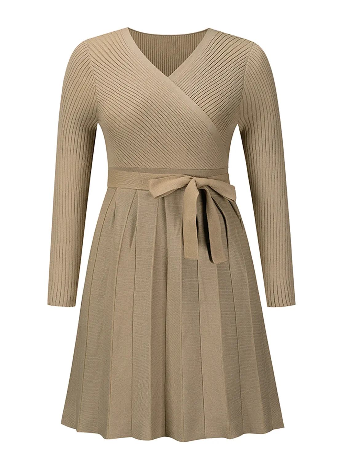 Surplice Neck Tie Front Pleated Sweater Dress with Moderate Stretch