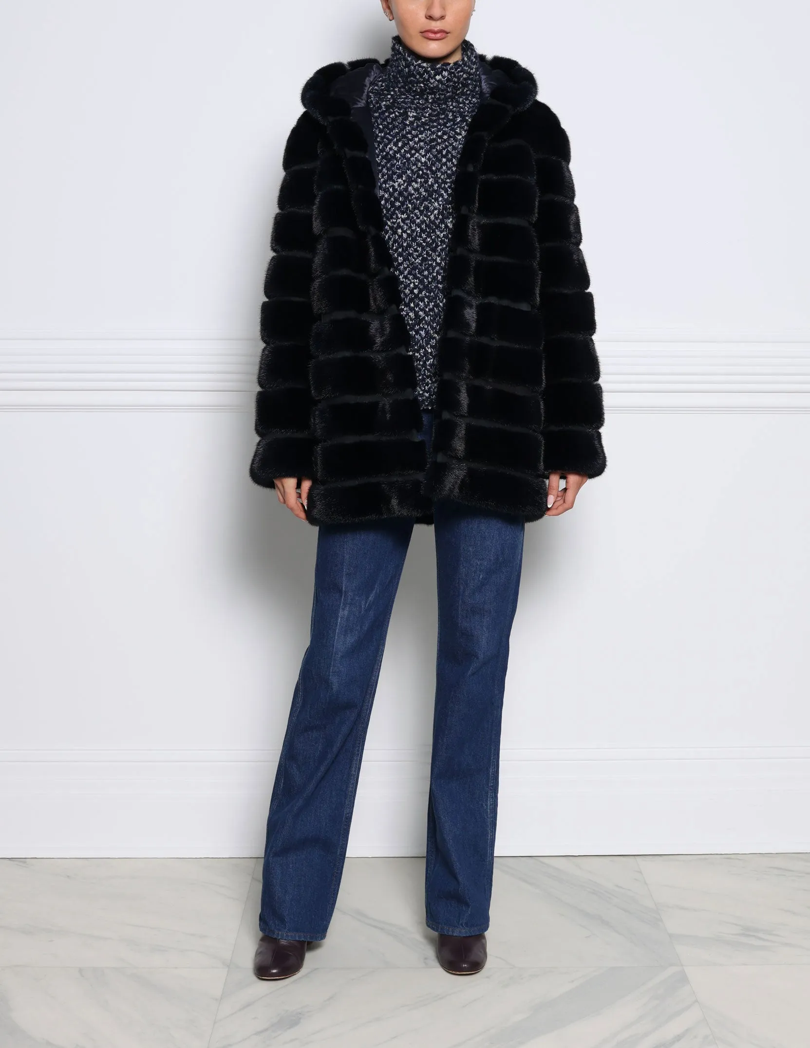 The Brigid Hooded Horizontal Mink Fur Coat