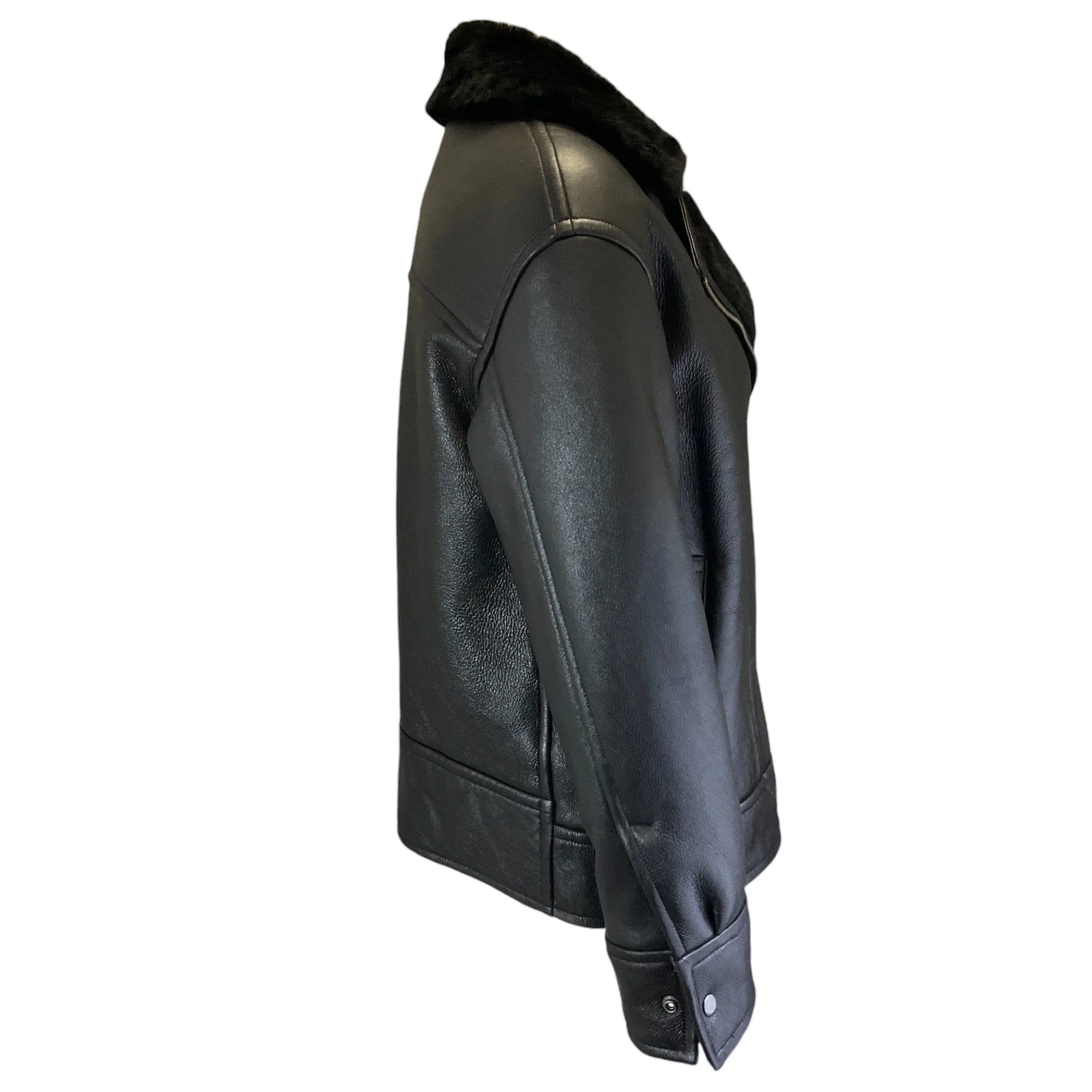 Theory Black High Shine Shearling Leather Moto Jacket