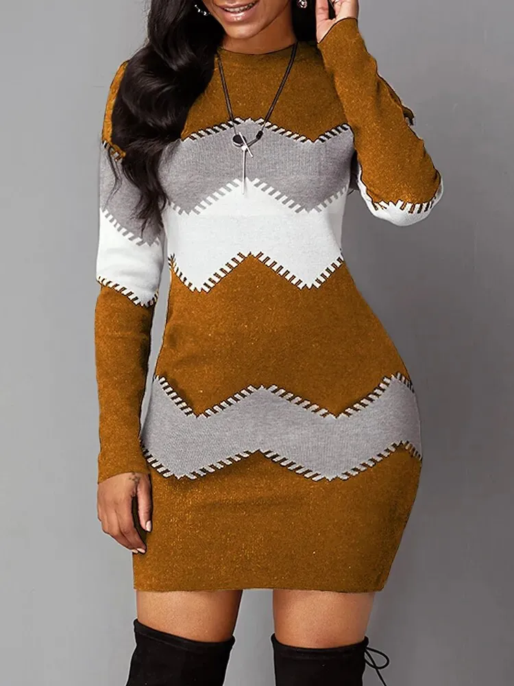 Trendy Knitted Long-sleeve Pattern Mini Dress