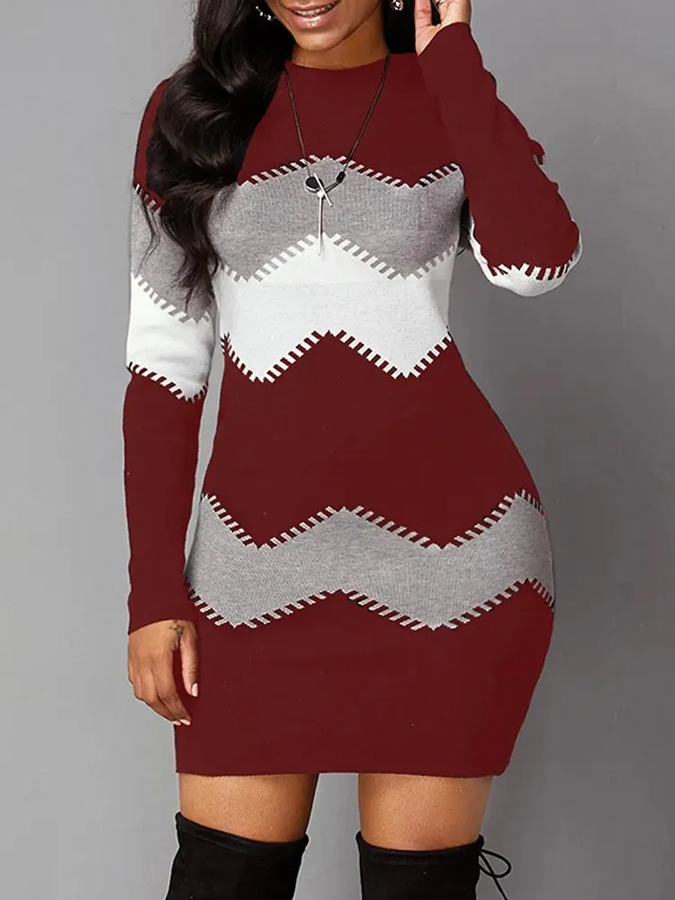 Trendy Knitted Long-sleeve Pattern Mini Dress