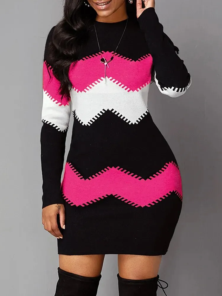 Trendy Knitted Long-sleeve Pattern Mini Dress