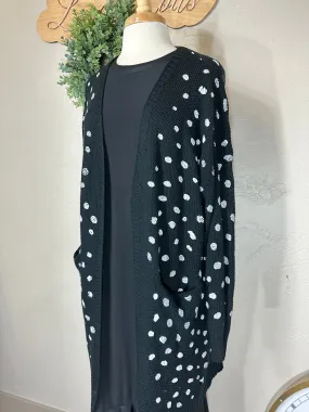 Umgee Black with White Hand Stamped Long Open Front Cardigan Sweater with Pockets