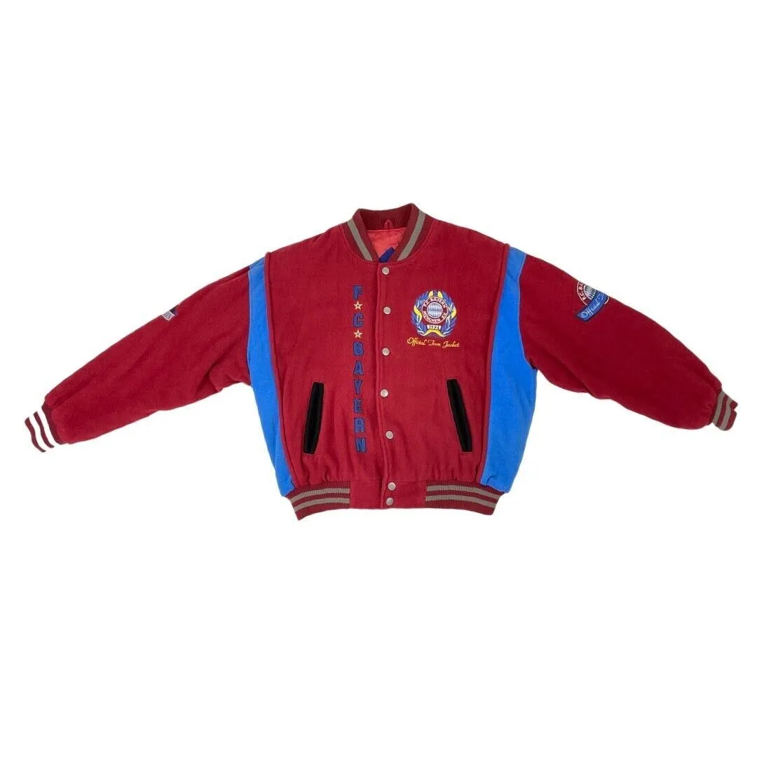 Vintage 1994 Red Bayern Munich FC Embroidered Wool Varsity Tour Jacket L