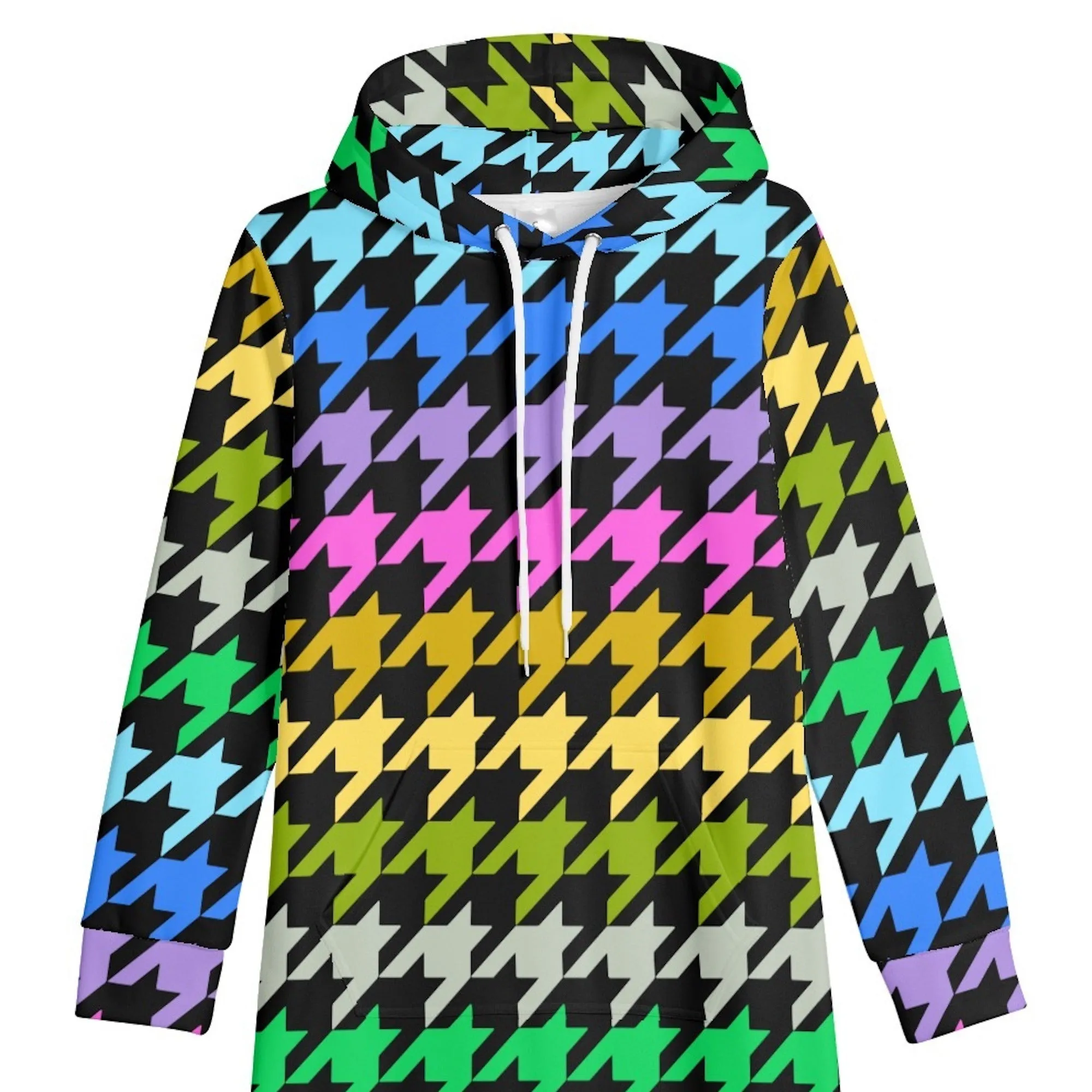 Winter Loungewear | Maxi Dress | Hooded Sweatshirt with Pockets | Plus-Petite Size | Houndstooth Multicolor Gradient dress