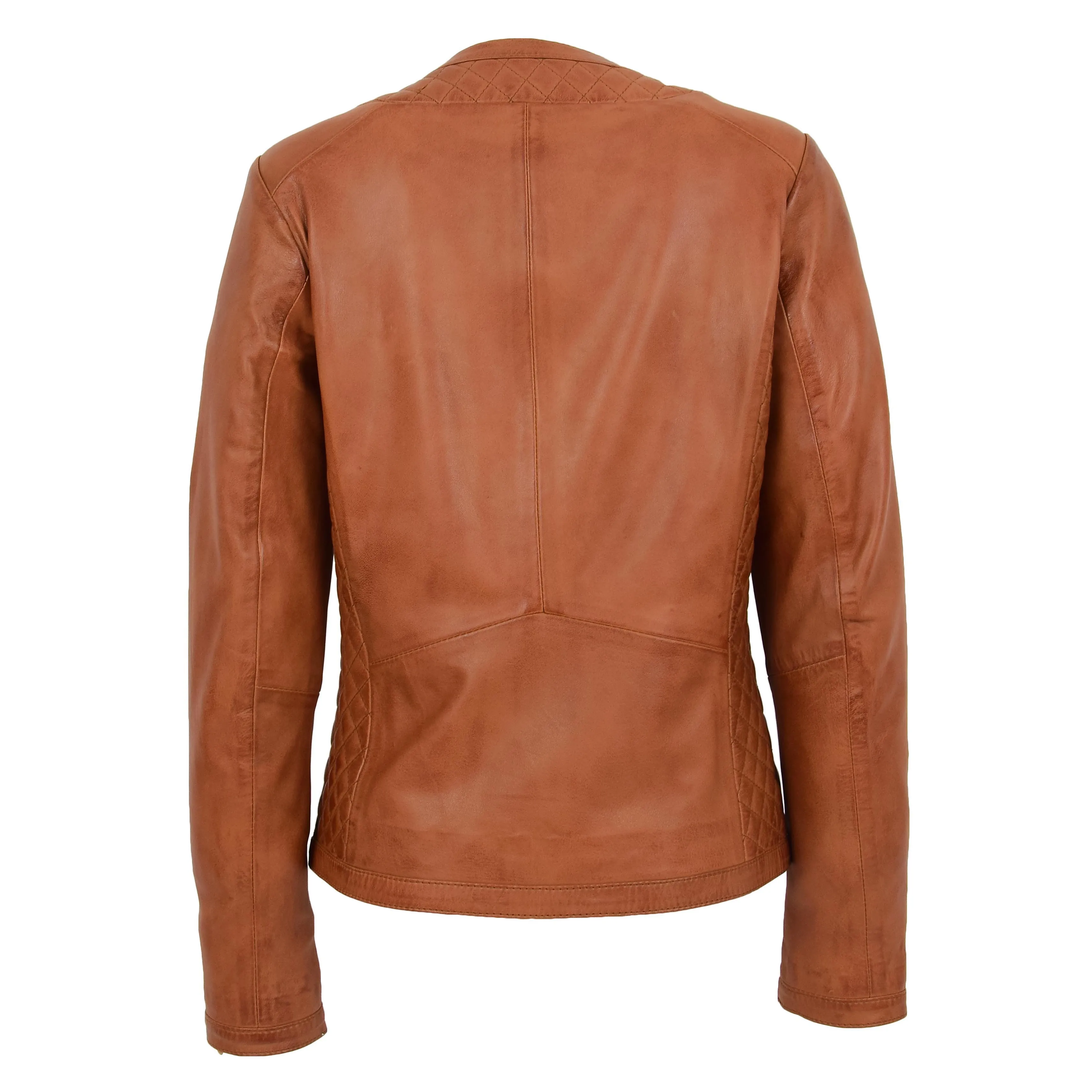 Women Collarless Cognac Leather Jacket Fitted Quilted Zip Up - Remi