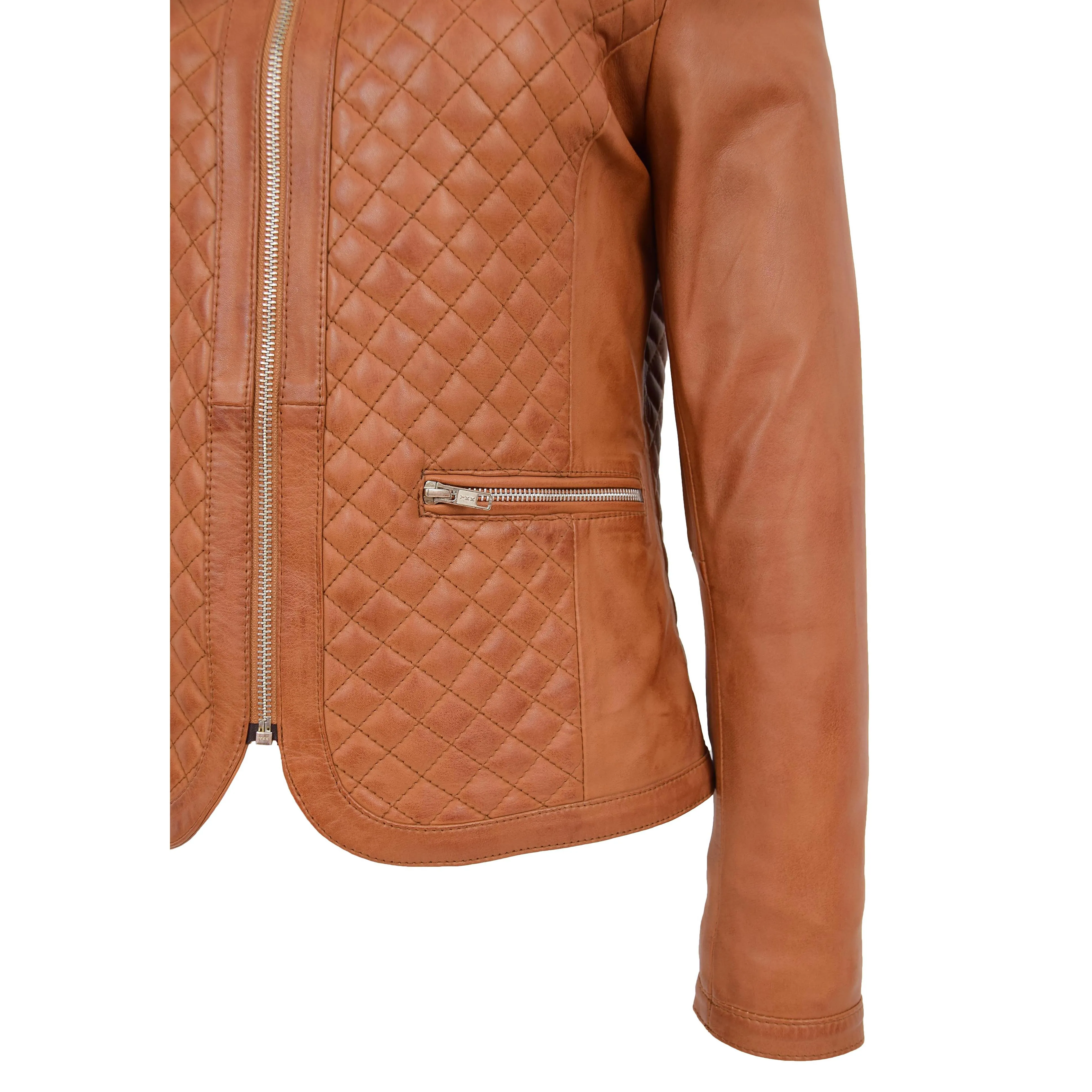 Women Collarless Cognac Leather Jacket Fitted Quilted Zip Up - Remi