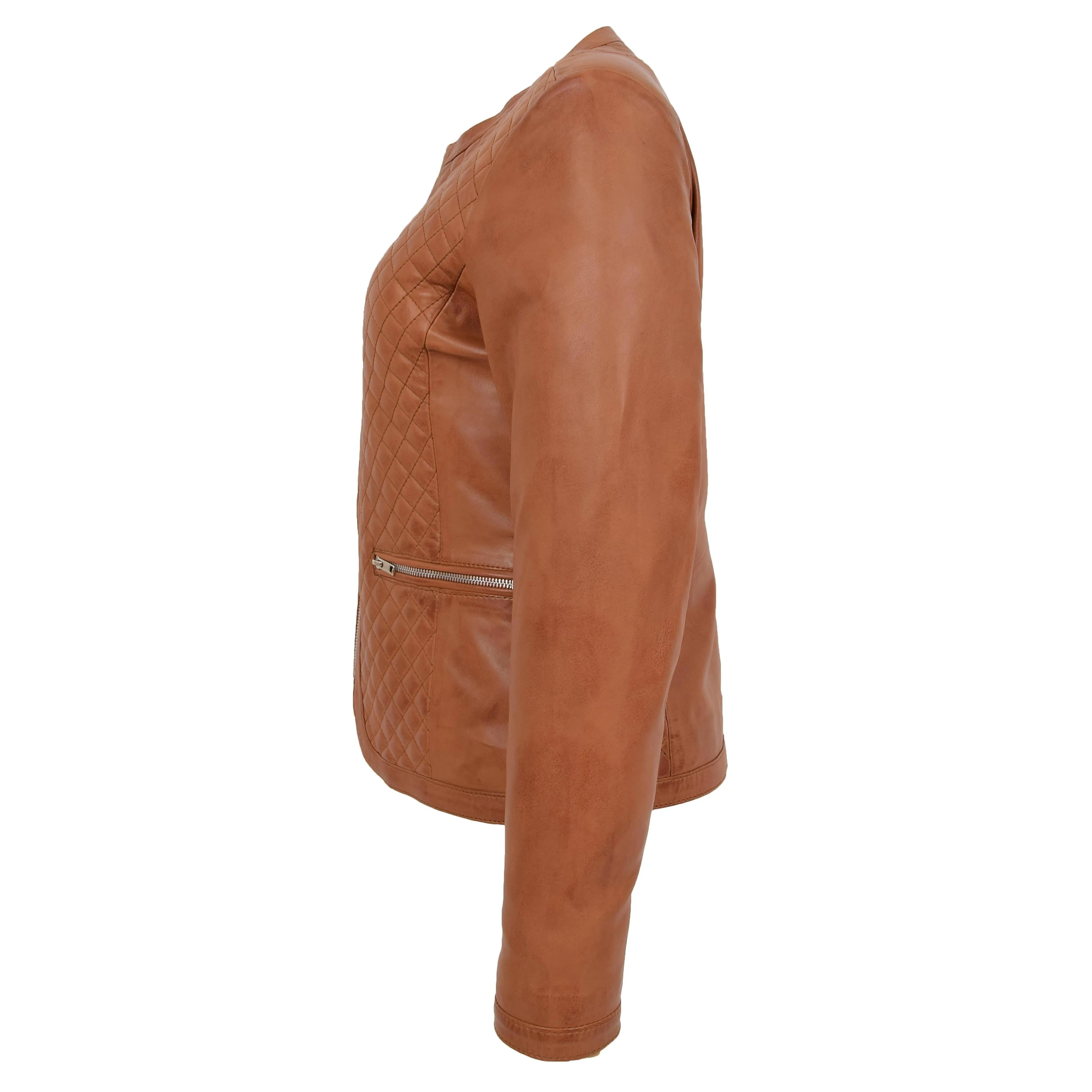 Women Collarless Cognac Leather Jacket Fitted Quilted Zip Up - Remi