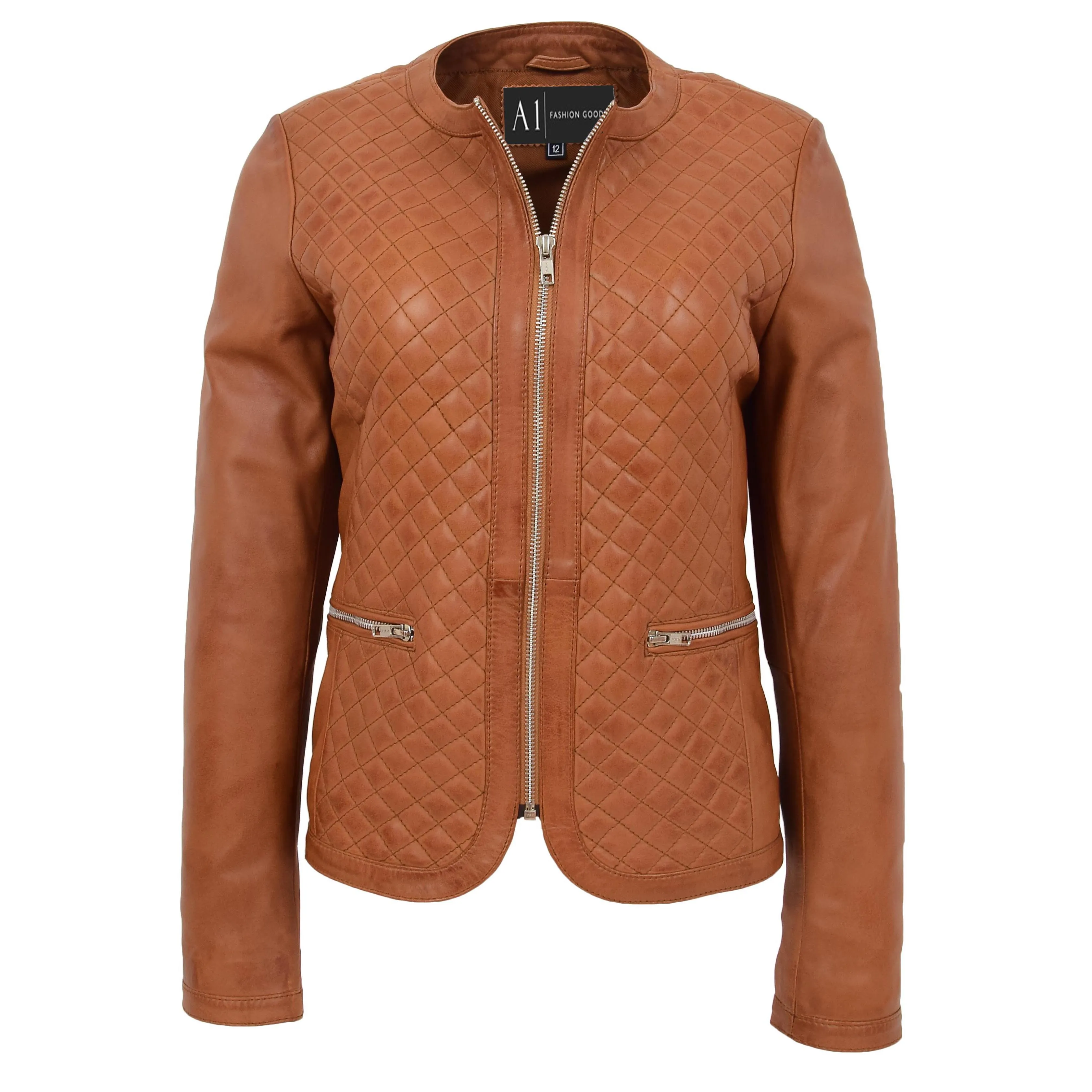 Women Collarless Cognac Leather Jacket Fitted Quilted Zip Up - Remi