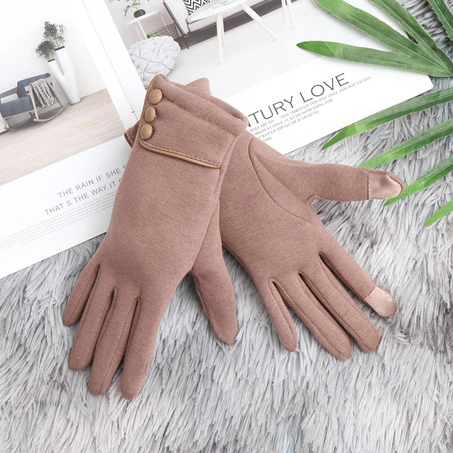 Womens Gloves with Touchscreen Fingers Fleece Lined Stretch Buttons On Cuff